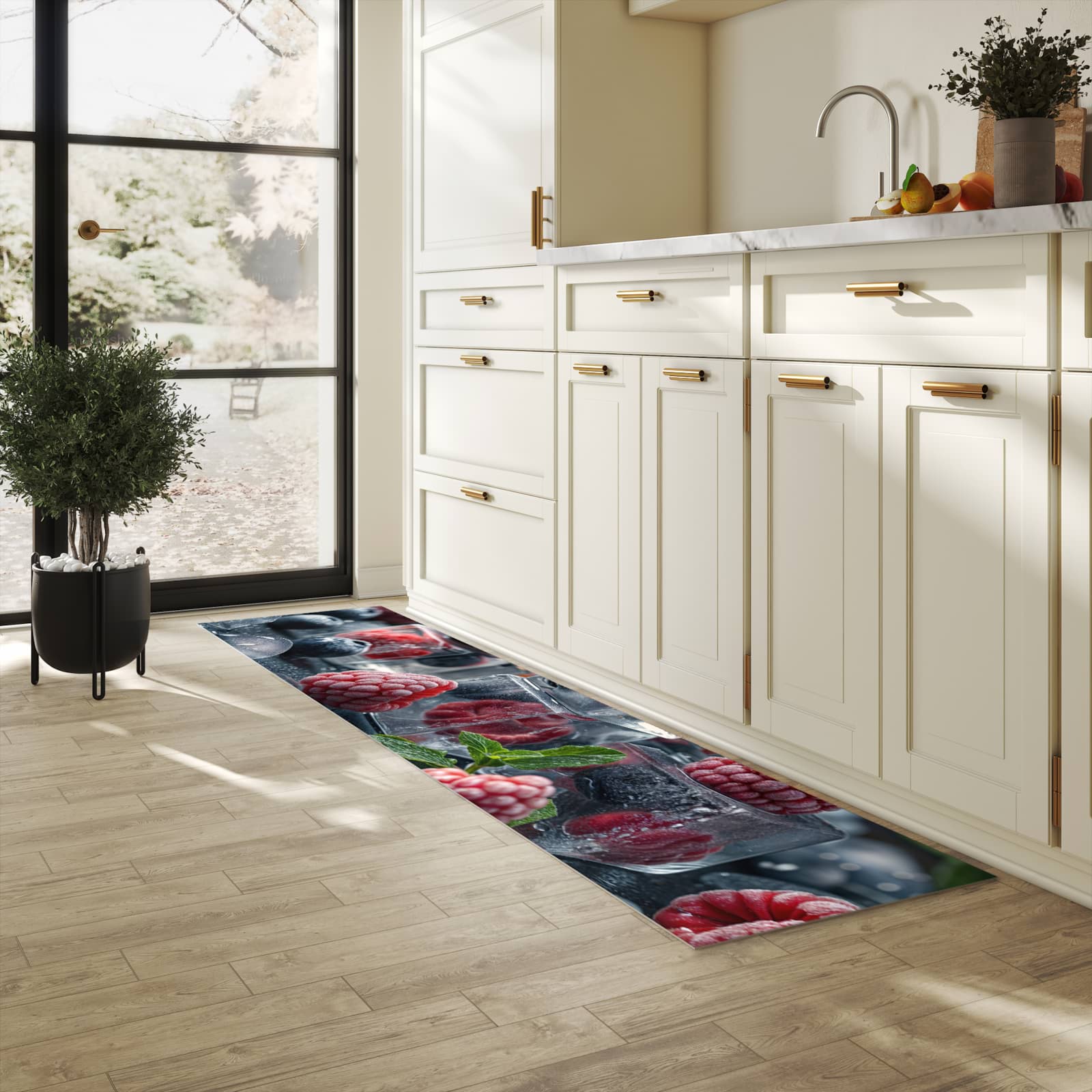 Formstabiler waschbarer Küchenteppich mit Motiv Beeren von Gefrorene in heller Küche