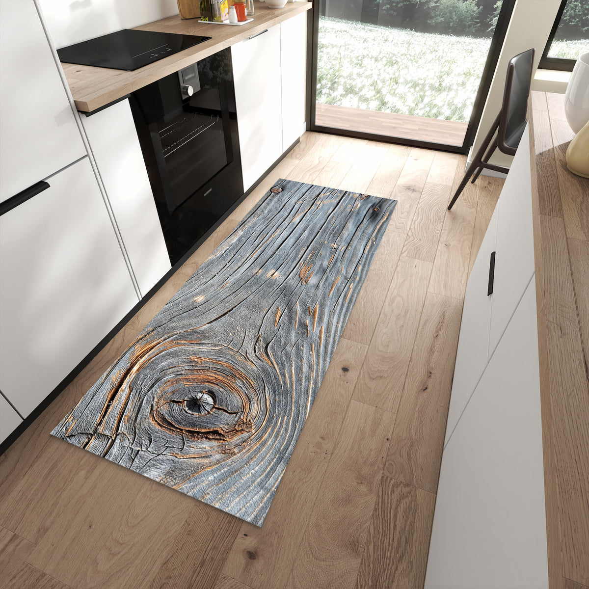Rutschfester Küchenläufer mit Motiv Holzstruktur Vintage schützt Böden in moderner Küche