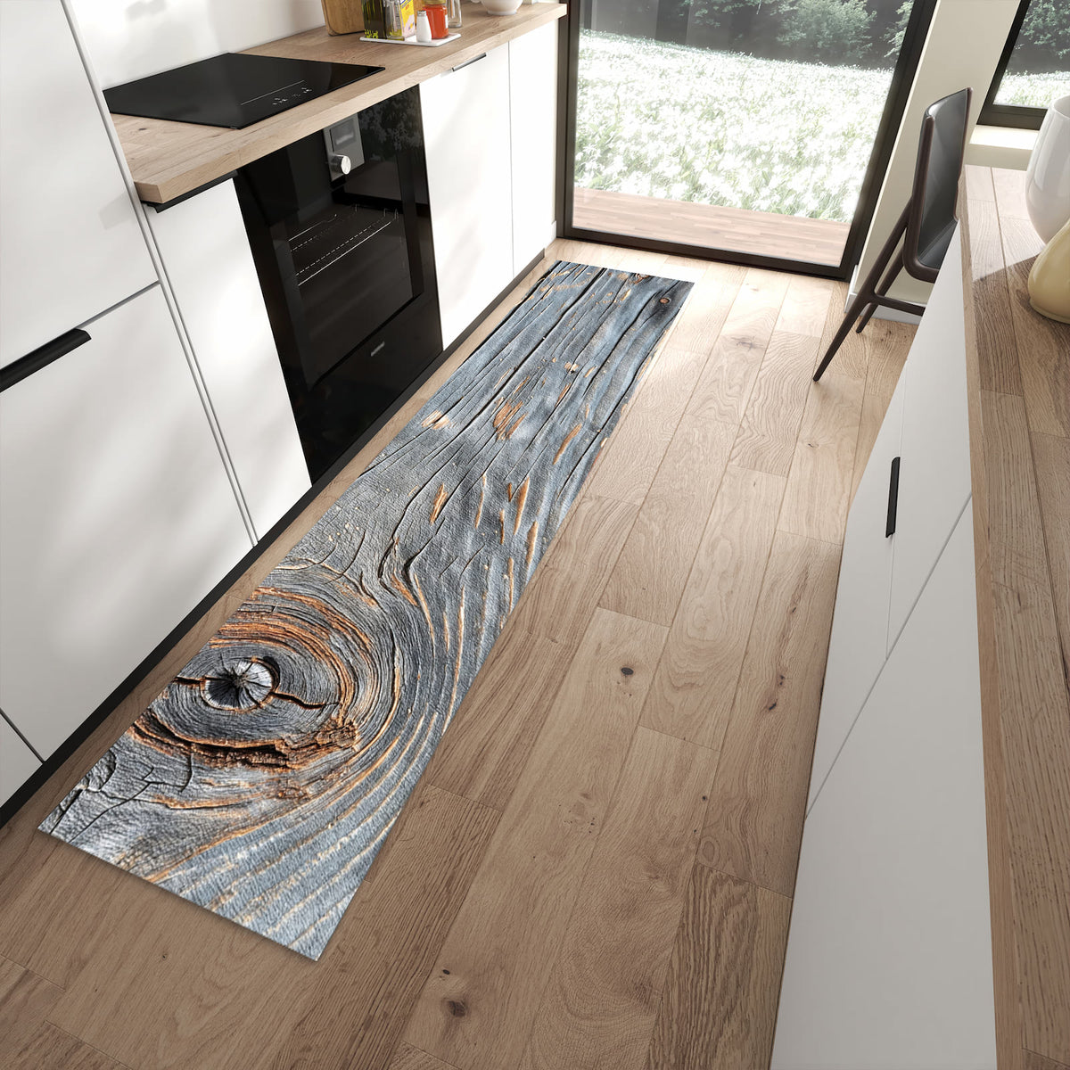 Langlebiger Küchenläufer mit Motiv Holzstruktur Vintage in moderner Küche