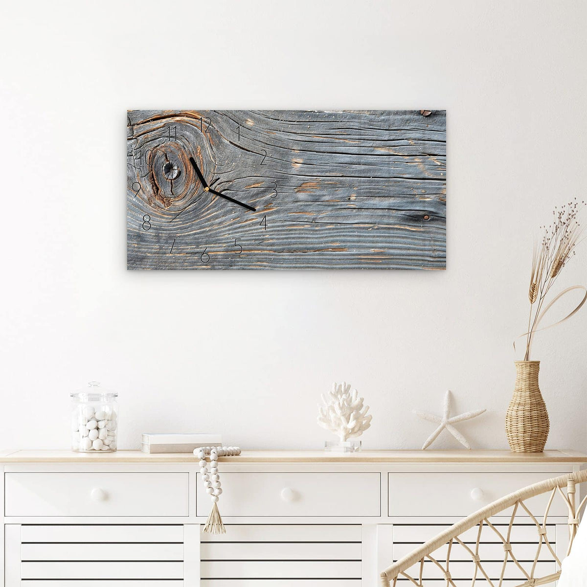Wanduhr Holzstruktur Vintage aus Glas – Querformat 60 × 30 cm – Verwittertes Holz mit Astlöchern