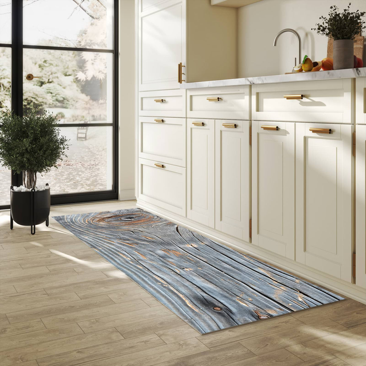Küchenteppich mit Motiv Holzstruktur Vintage für Trittkomfort in heller Küche