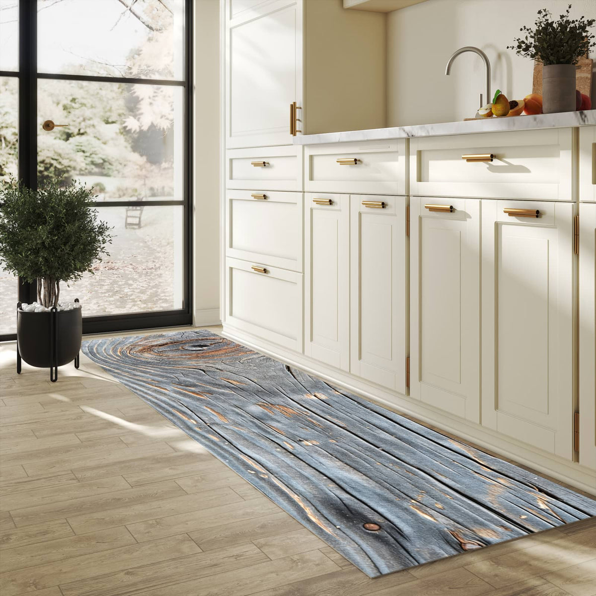 Fleckenresistenter waschbarer Teppich Küche mit Motiv Holzstruktur Vintage in heller Küche