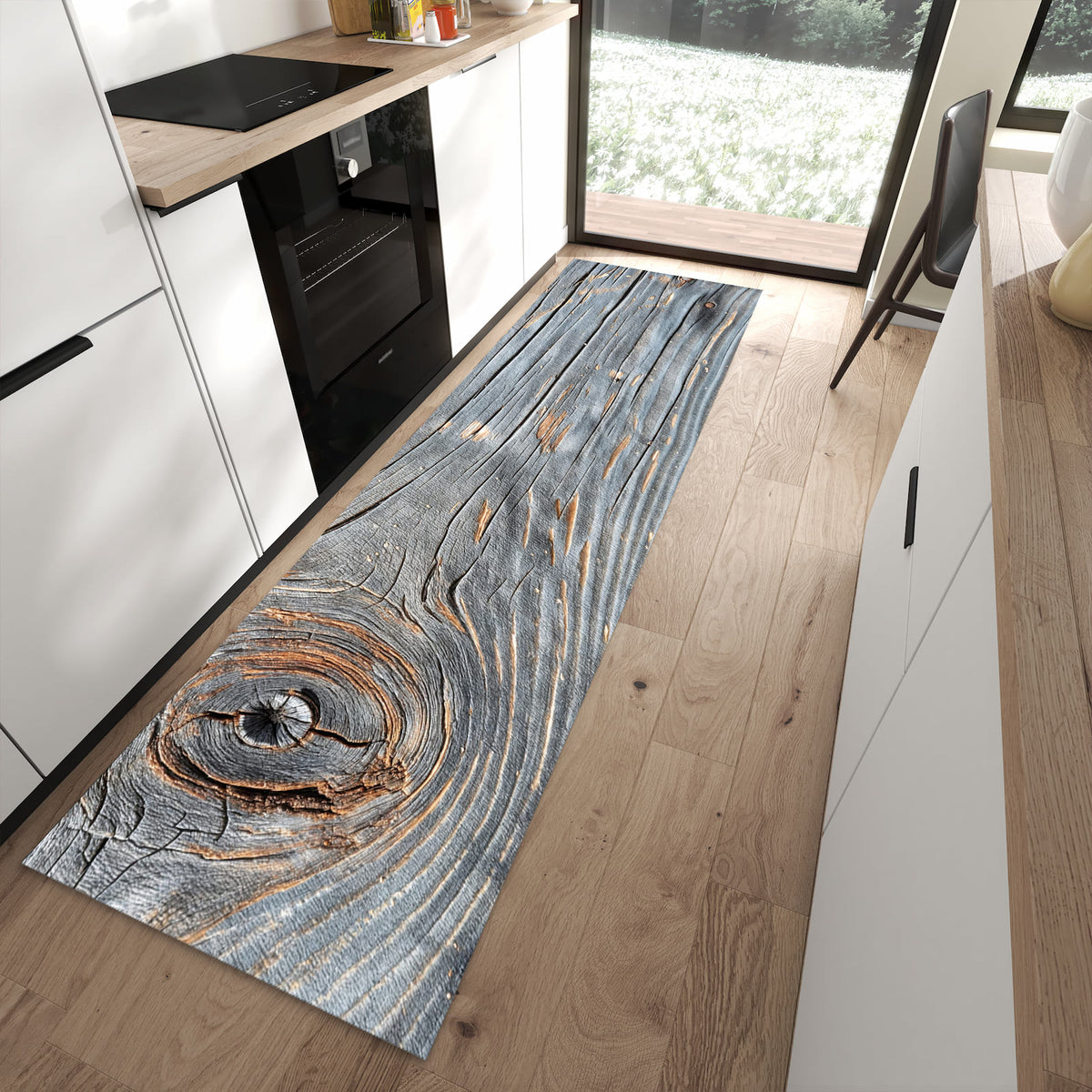 Bodenschonender rutschfester Küchenläufer mit Motiv Holzstruktur Vintage in moderner Küche