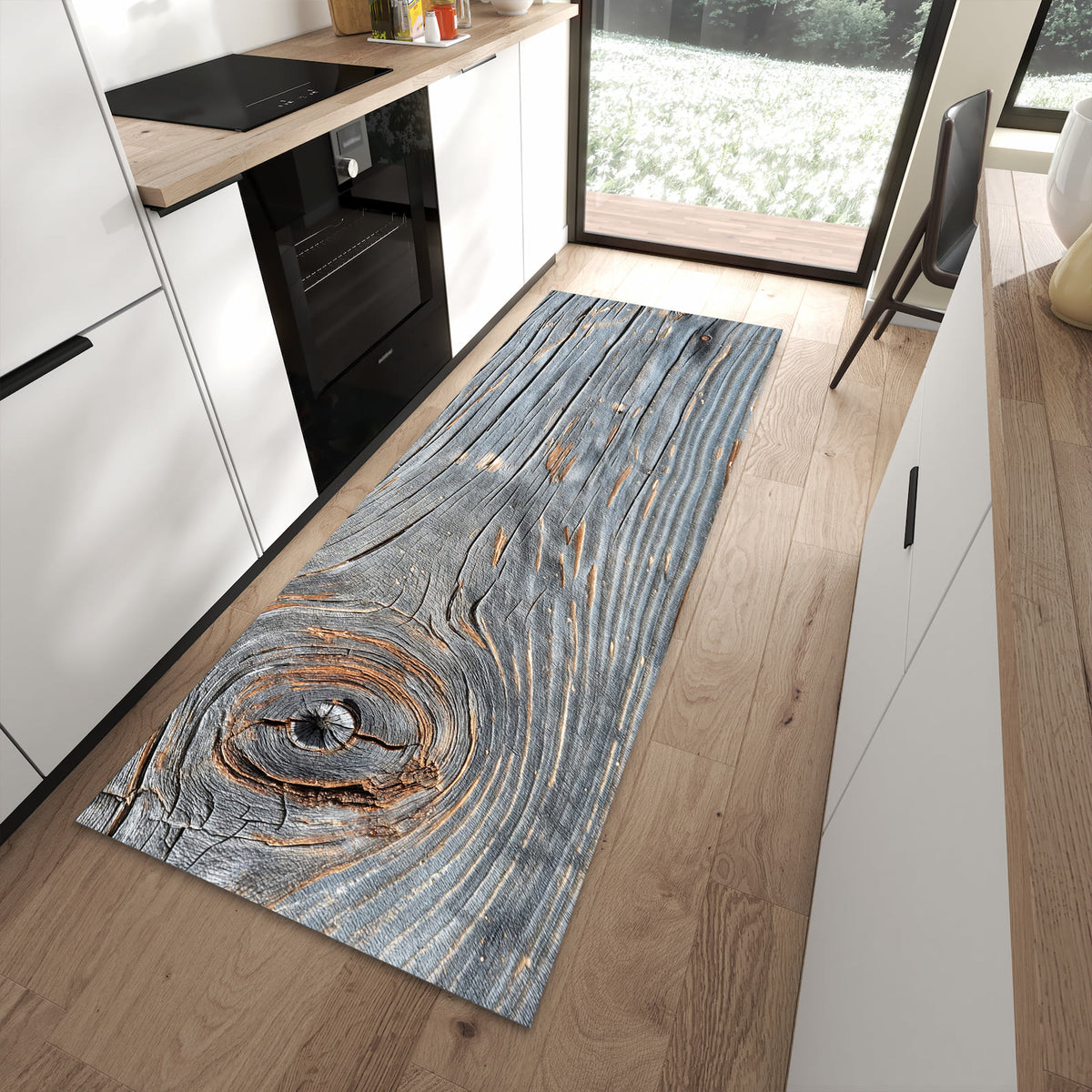 Sicherer Küchenläufer mit Motiv Holzstruktur Vintage in moderner Küche