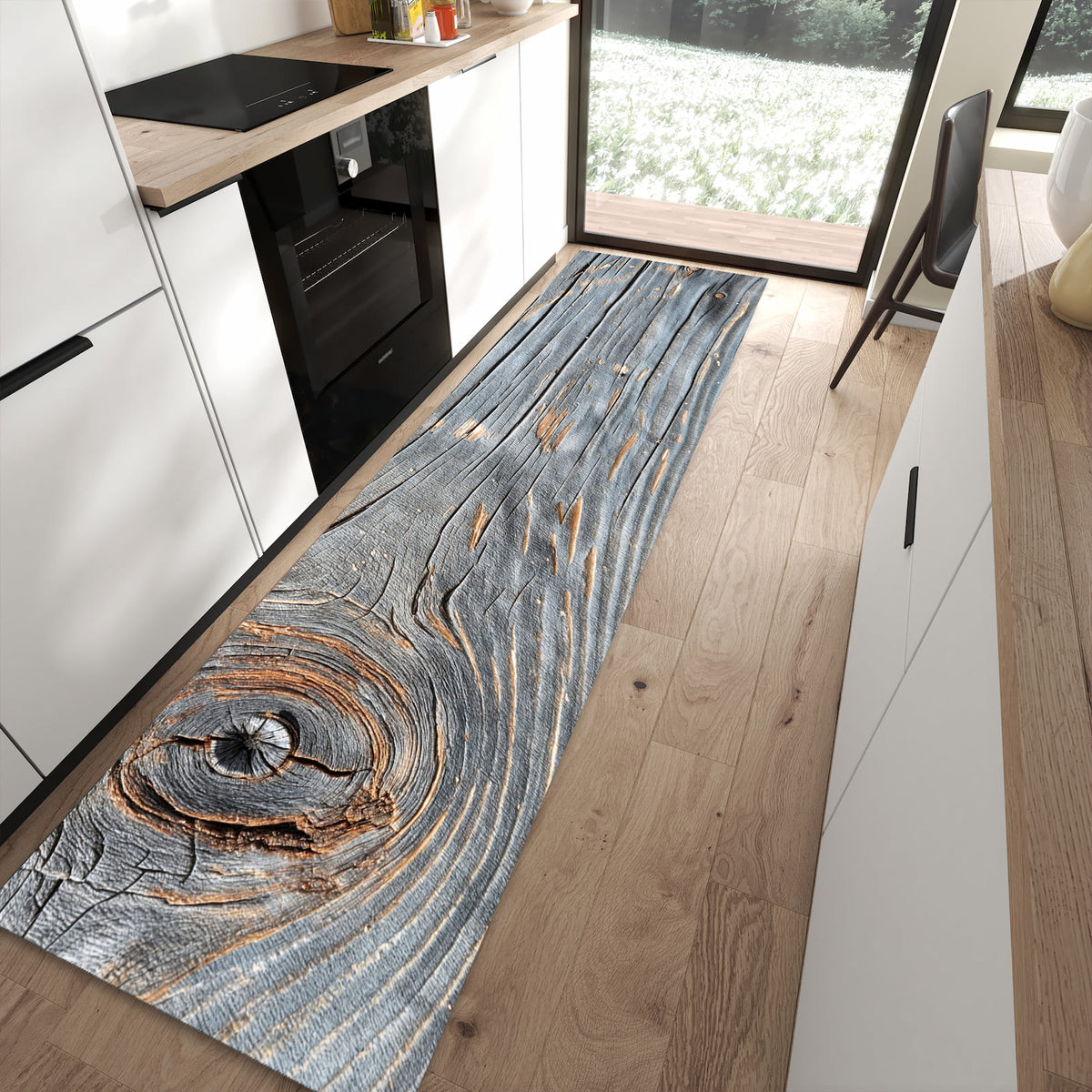 Farbbeständiger waschbarer Küchenläufer mit Motiv Holzstruktur Vintage in moderner Küche