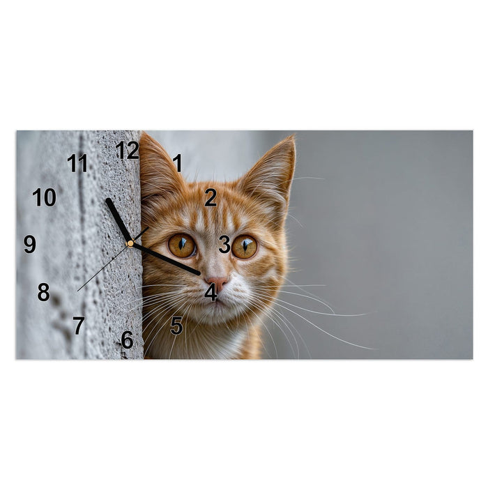 Wanduhr Neugierige Katze aus Glas – Querformat 60 × 30 cm mit Ziffernblatt Modern