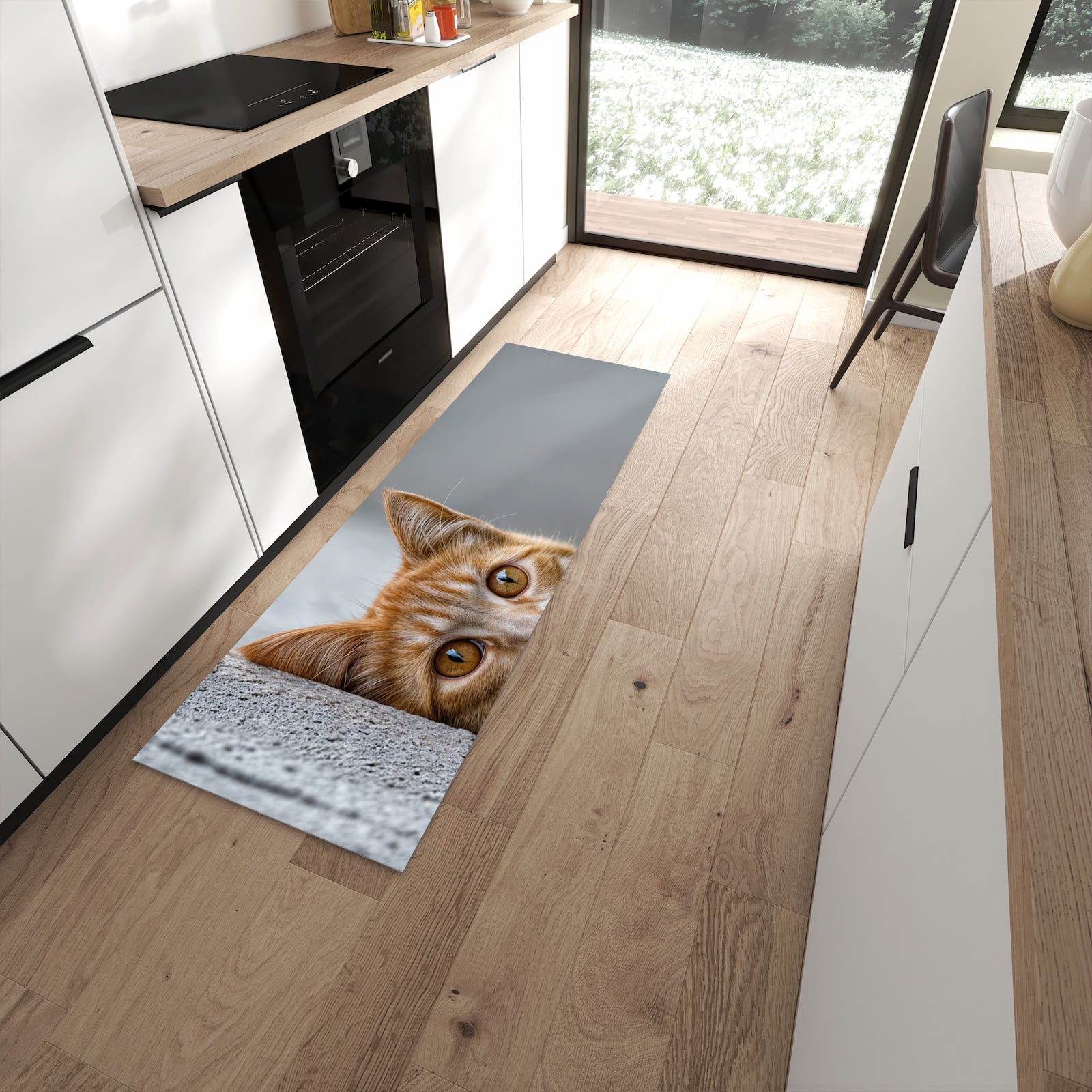 Küchenteppich mit Motiv Neugierige Katze für Trittkomfort in moderner Küche, waschbar