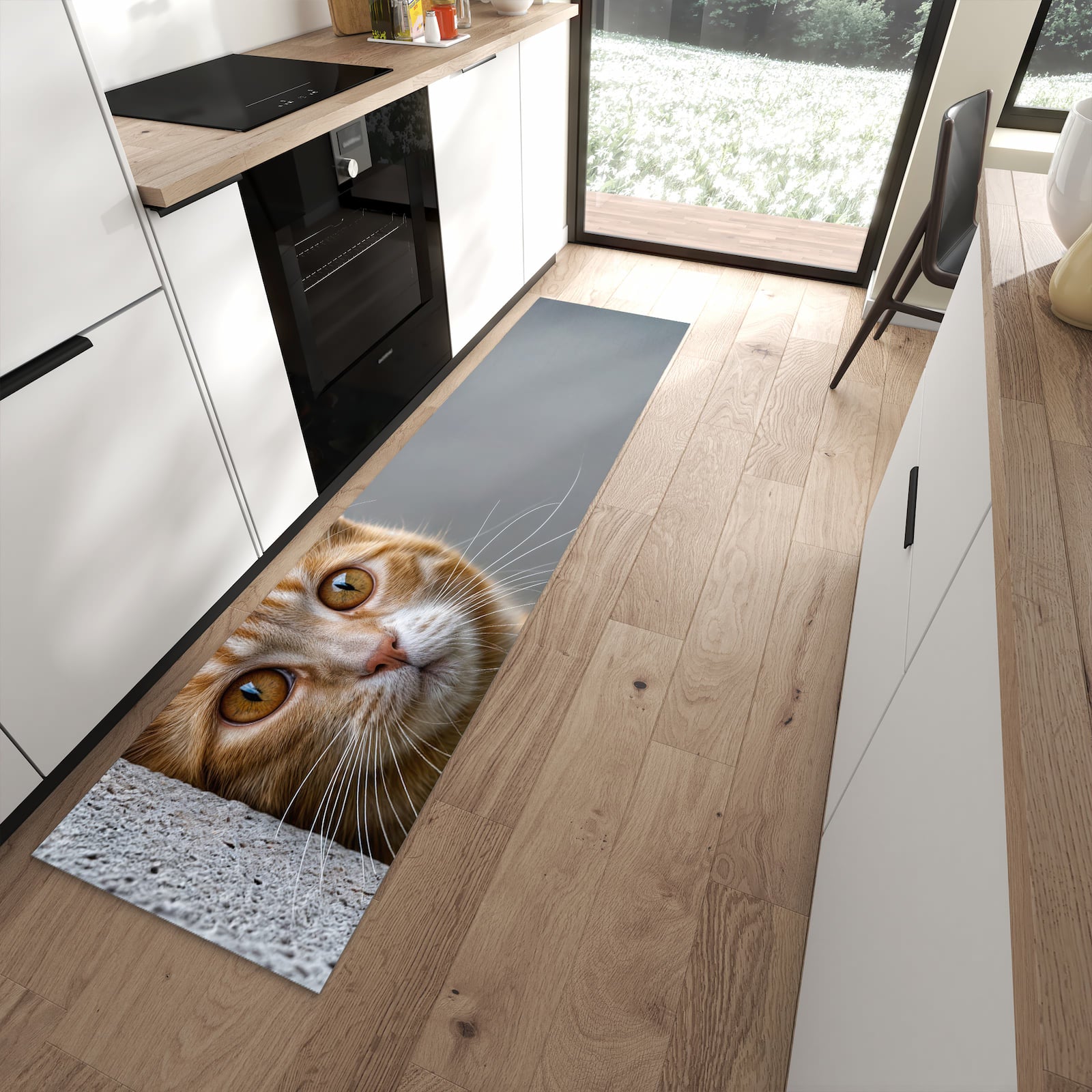 Wasserabweisender Teppich für Esstisch mit Motiv Neugierige Katze in moderner Küche