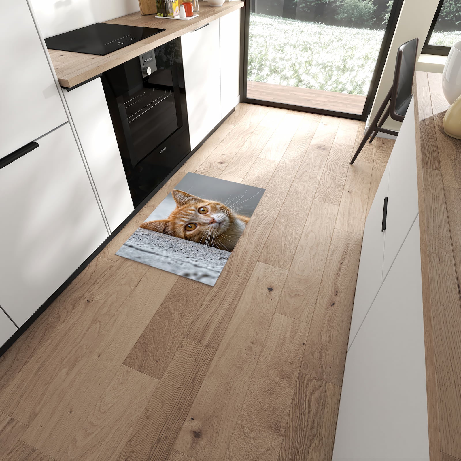 Geruchsneutraler Bodenläufer Teppich mit Motiv Neugierige Katze in moderner Küche