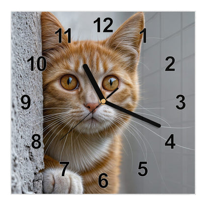Wanduhr Quadratisch mit dem Motiv Katze hinter der Mauer
