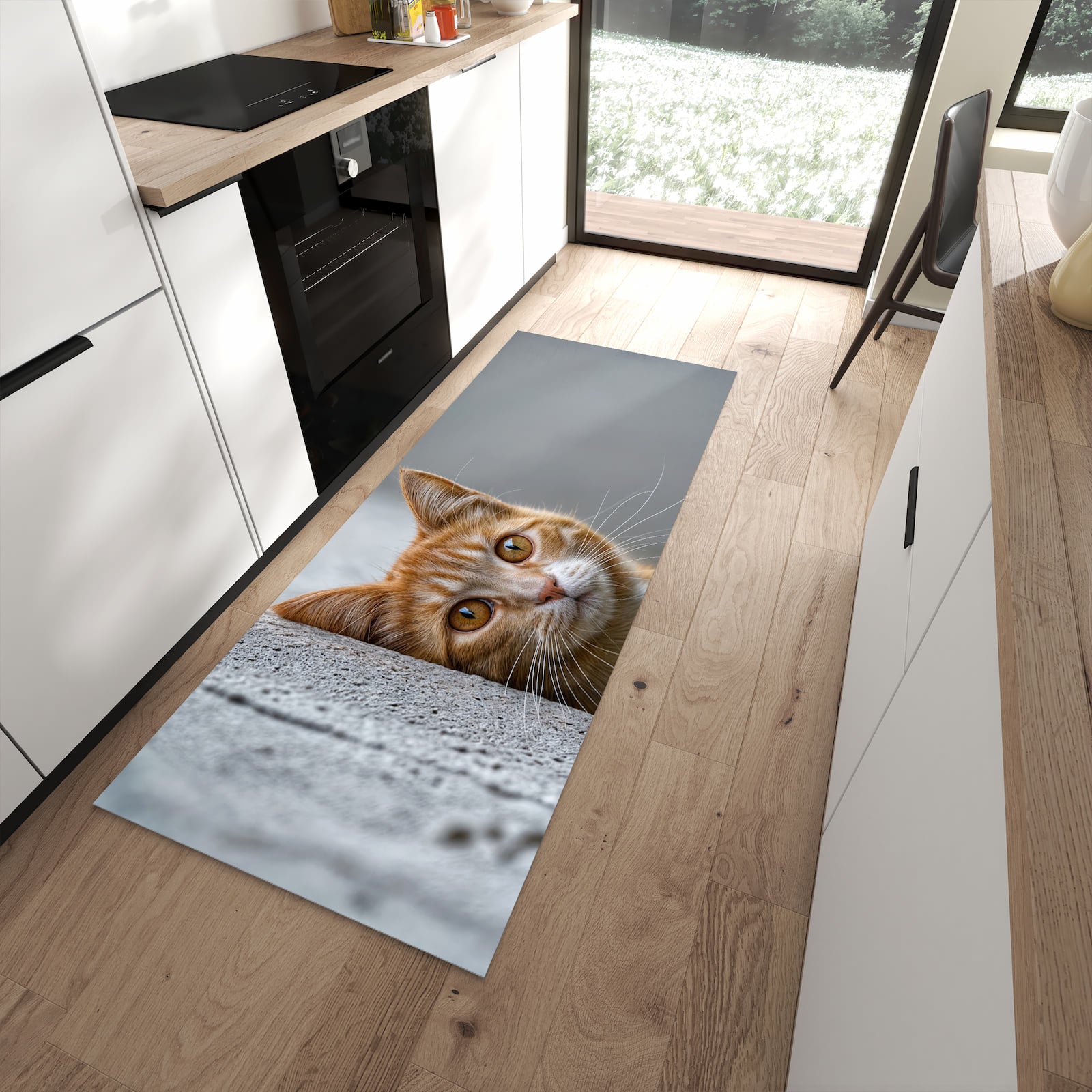 Langlebiger Küchenteppich mit Motiv Neugierige Katze in moderner Küche