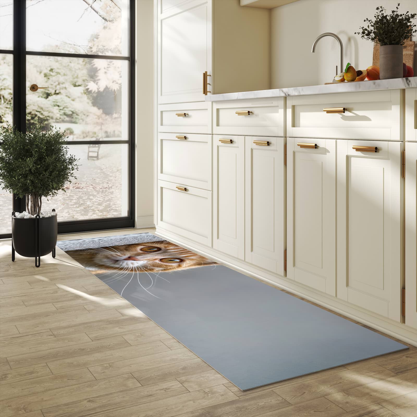 Pflegeleichter Küchenläufer mit Motiv Neugierige Katze in heller Küche