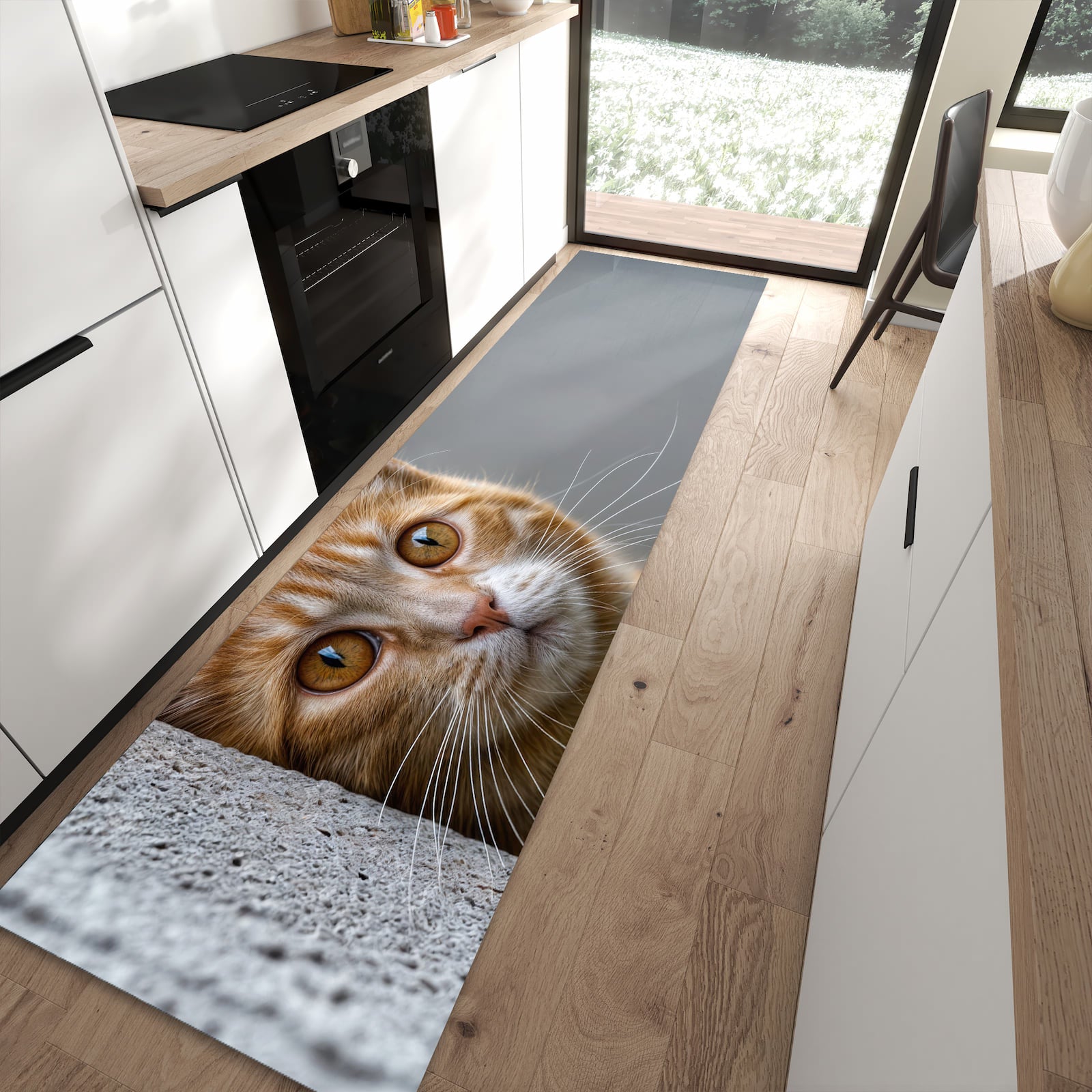 Komfortabler rutschfester Küchenteppich mit Motiv Neugierige Katze in moderner Küche