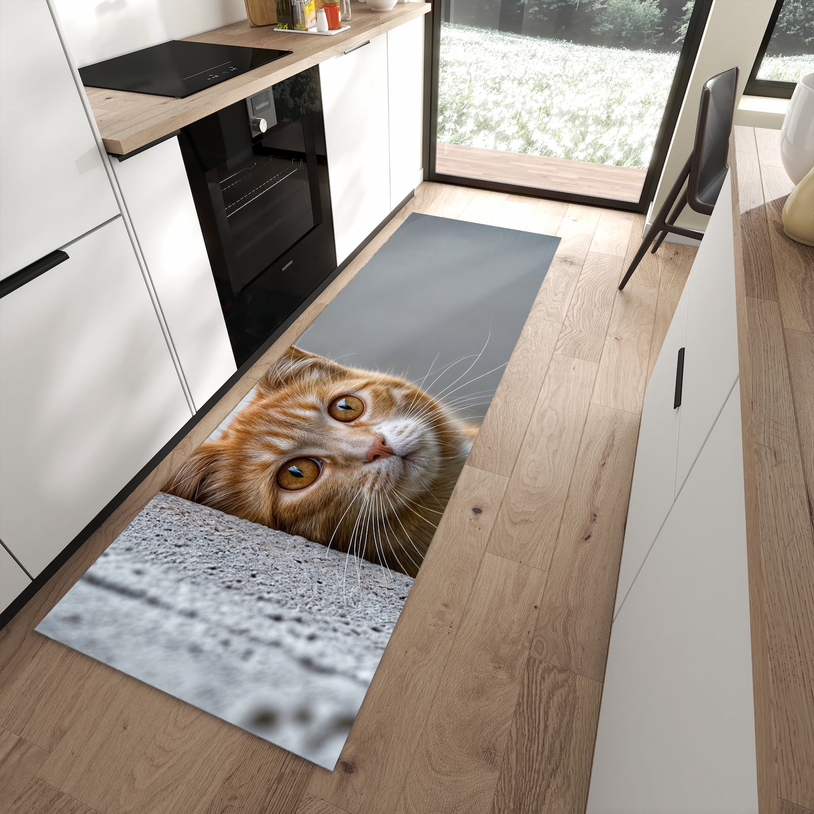Flacher Küchenteppich mit Motiv Neugierige Katze in moderner Küche - waschbar