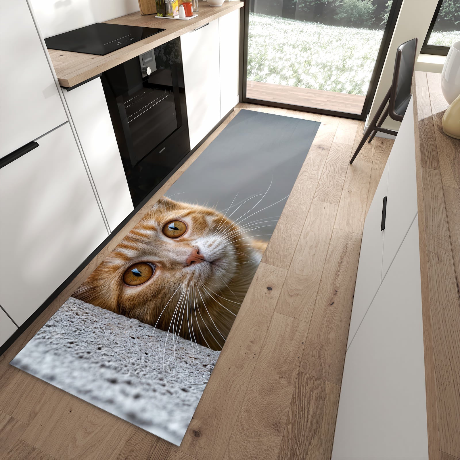 Pflegeleichter Küchenteppich mit Motiv Neugierige Katze in moderner Küche