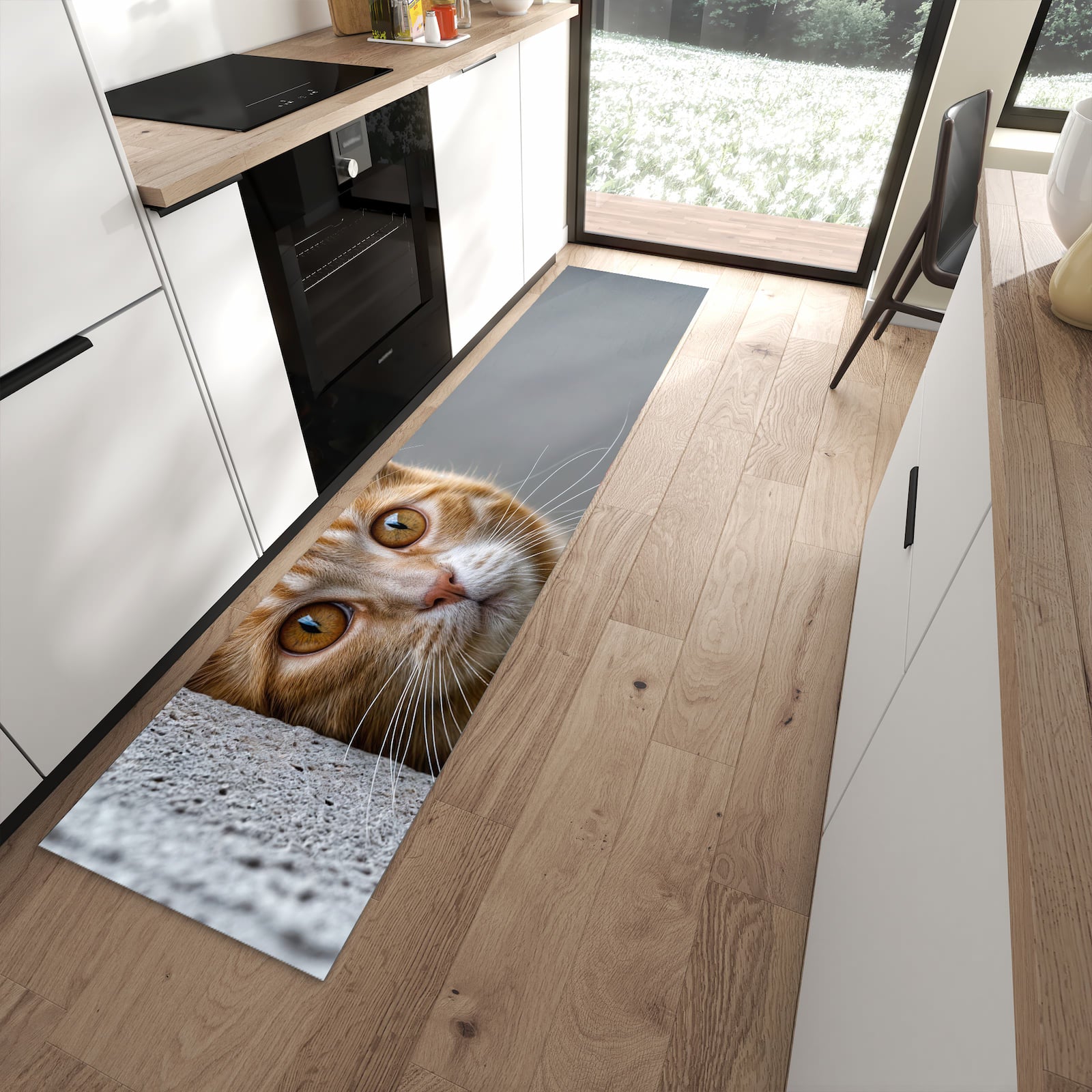 Fleckenresistenter rutschfester Küchenteppich mit Motiv Neugierige Katze in moderner Küche