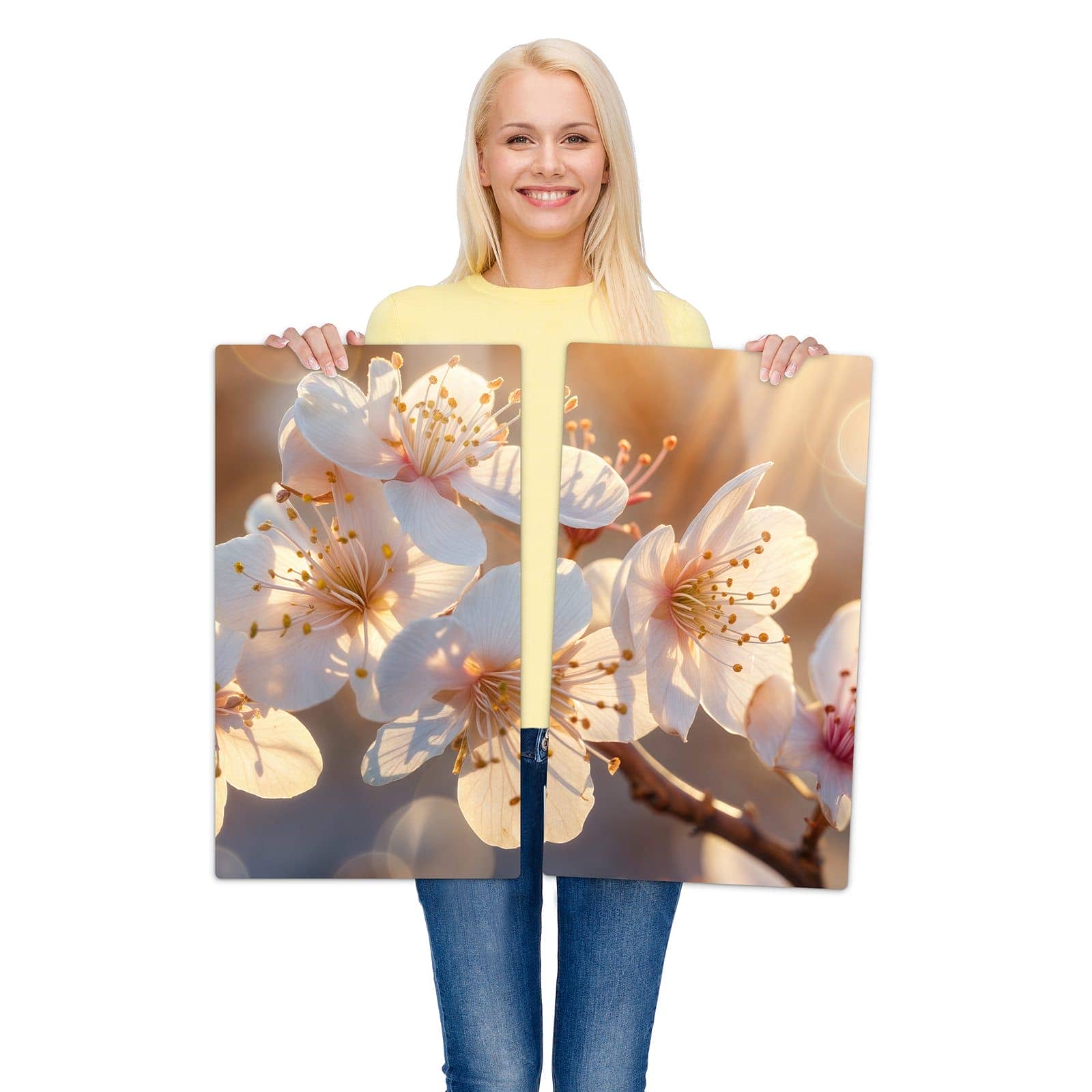 2-teilige Herdabdeckplatte mit Blumen im Sonnenlicht-Motiv wird zur Größendarstellung gehalten