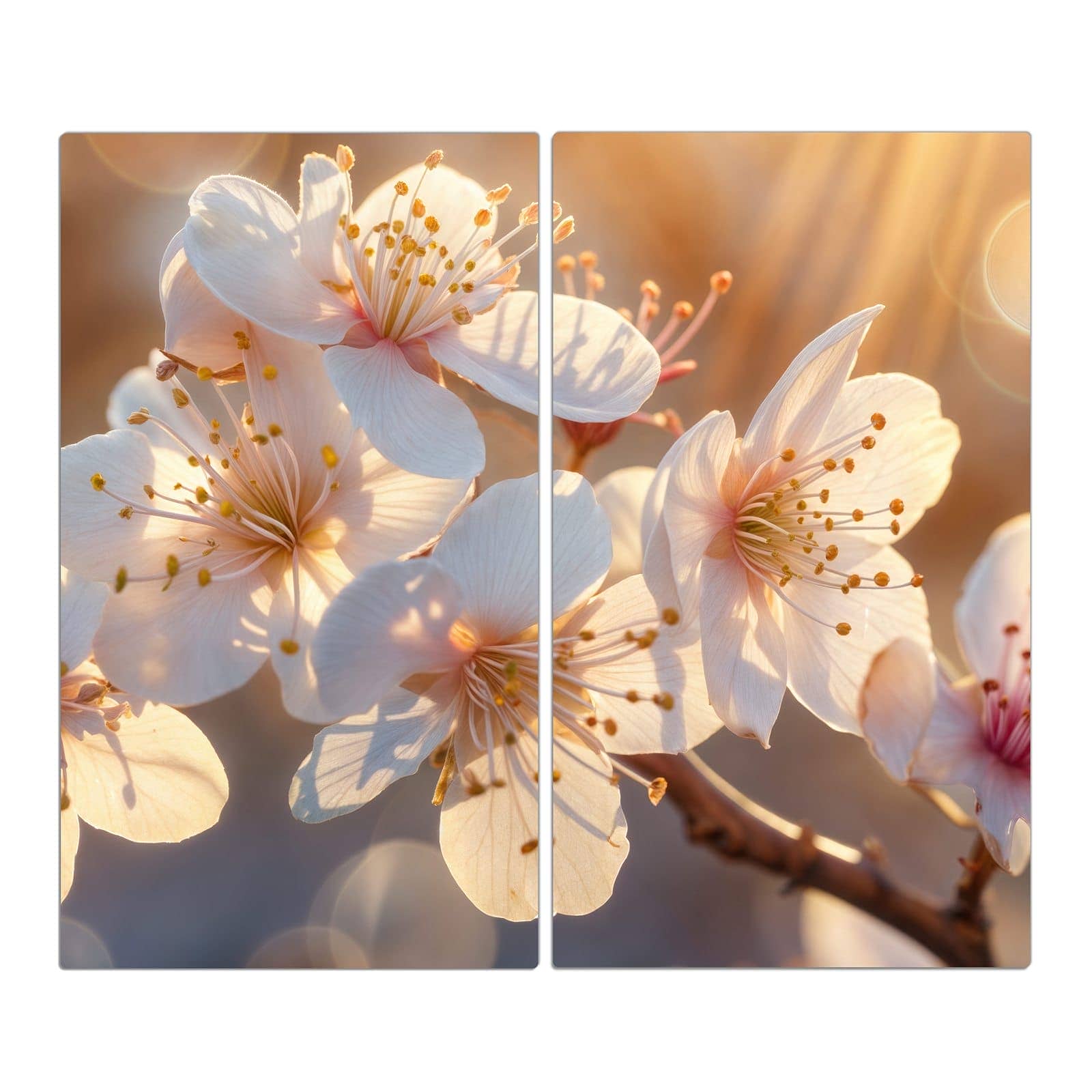 2-teilige Glasabdeckplatte für Ceranfeld mit Blumen im Sonnenlicht-Motiv in der Frontansicht #grösse_2-Teilig (60x52cm)