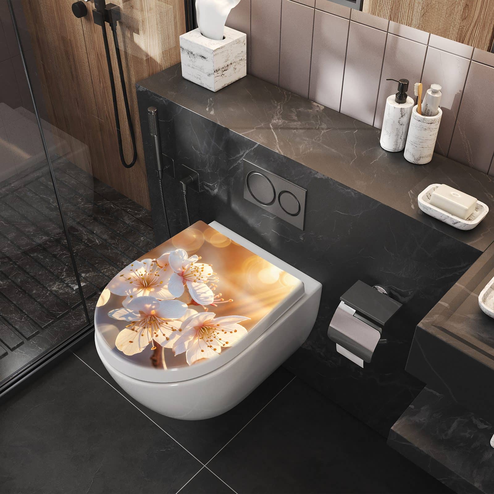 WC-Sitz mit Absenkautomatik Blumen im Sonnenlicht