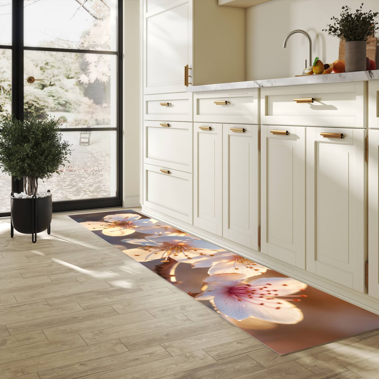 Waschbarer Küchenteppich mit Motiv Blumen im Sonnenlicht in heller Küche schont den Boden
