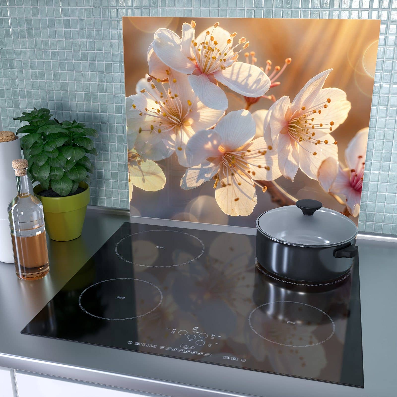1-teilige Herdabdeckplatte mit Blumen im Sonnenlicht-Motiv als Spritzschutz hinter dem Kochfeld
