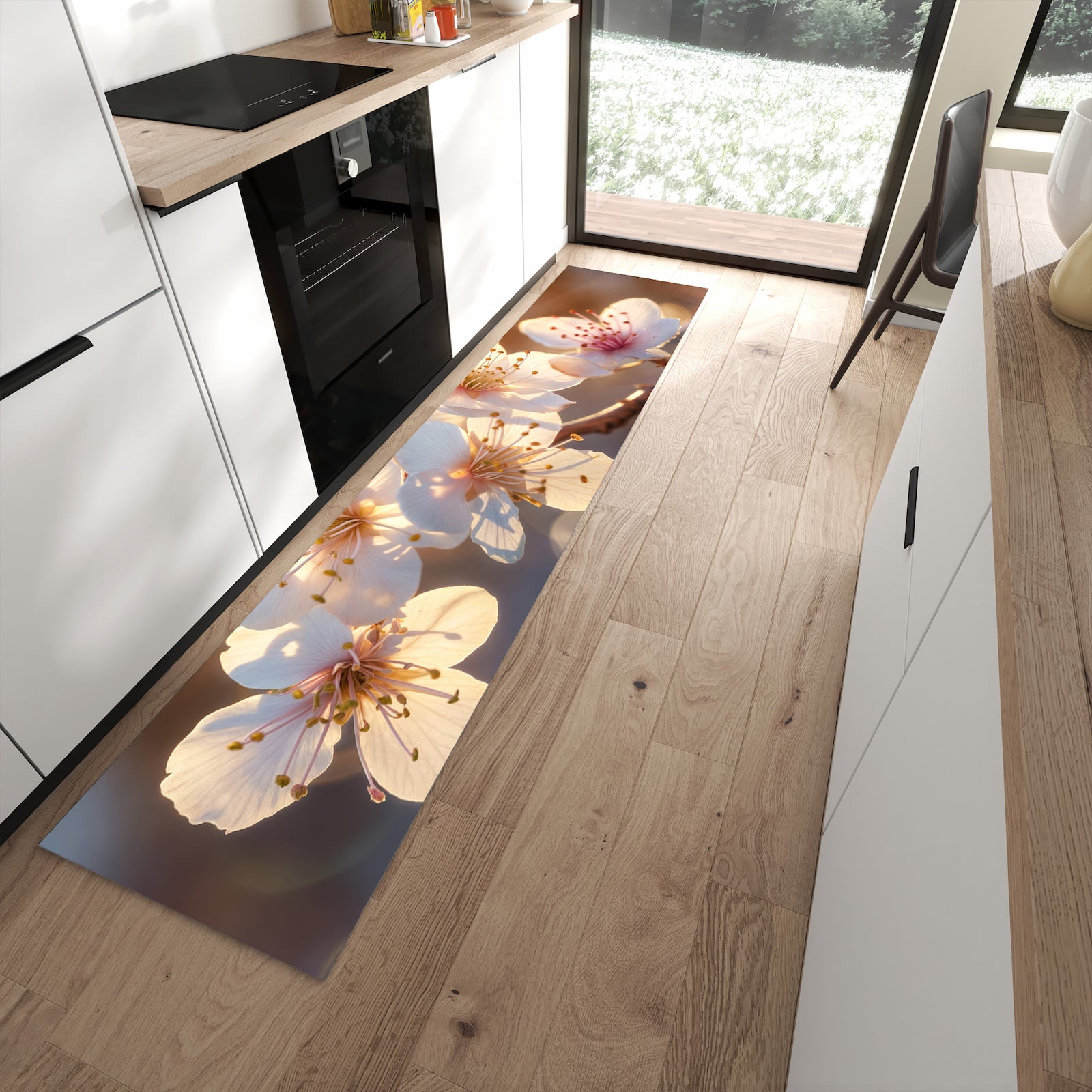 Feuchtigkeitsresistenter Küchenläufer mit Motiv Blumen im Sonnenlicht in moderner Küche