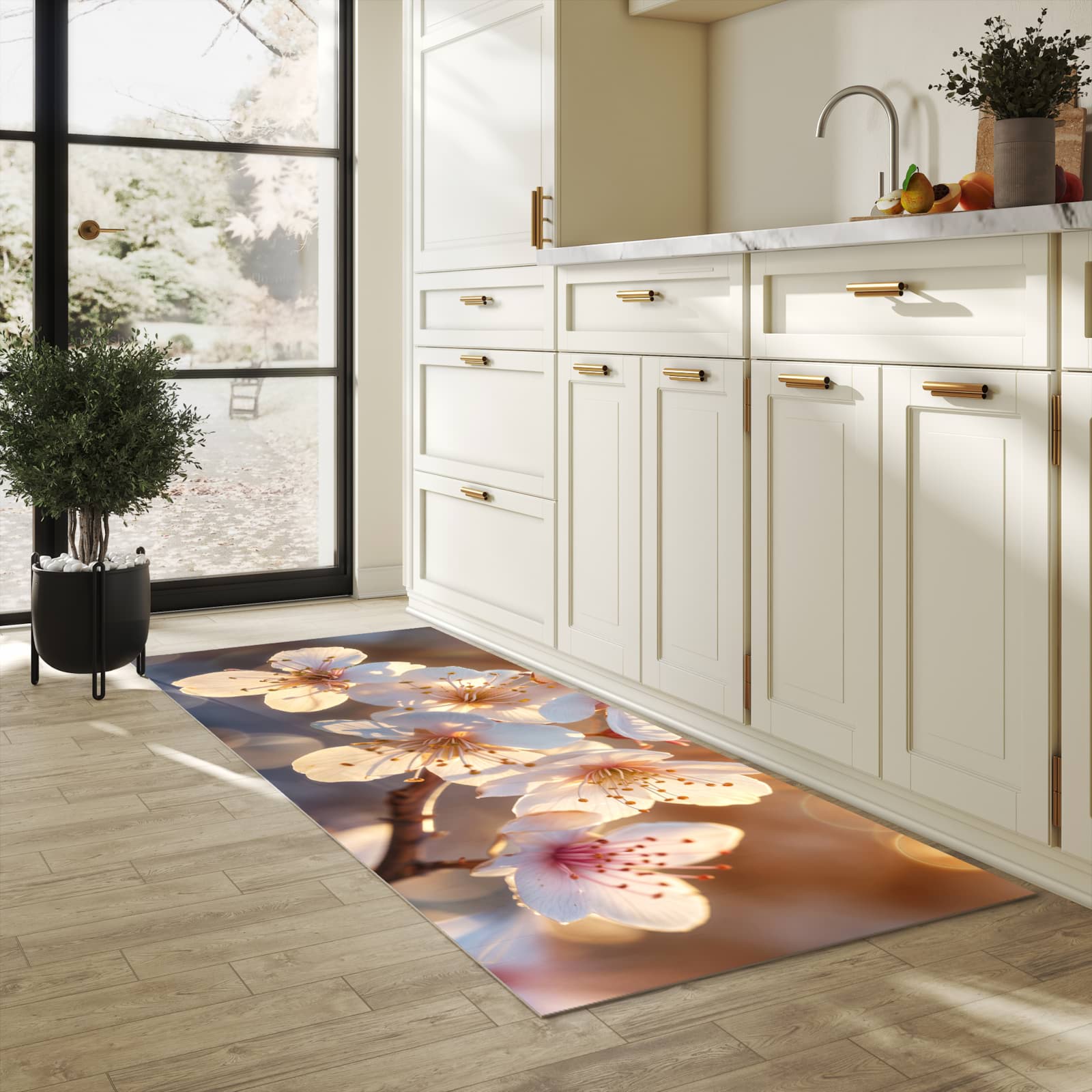 Geräuschdämpfender waschbarer Küchenläufer mit Motiv Blumen im Sonnenlicht in heller Küche