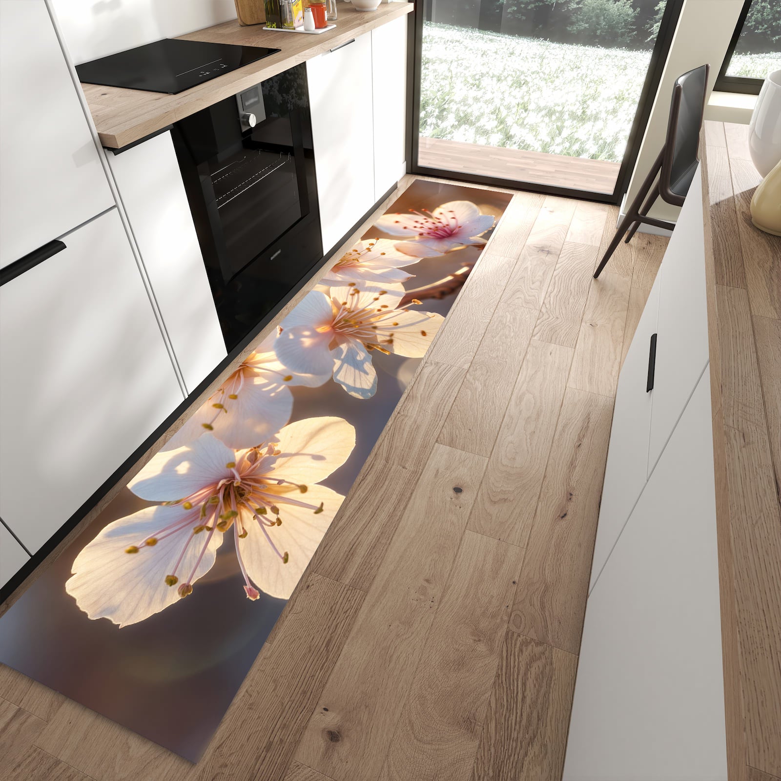 Bodenschonender Küchenteppich mit Motiv Blumen im Sonnenlicht in moderner Küche