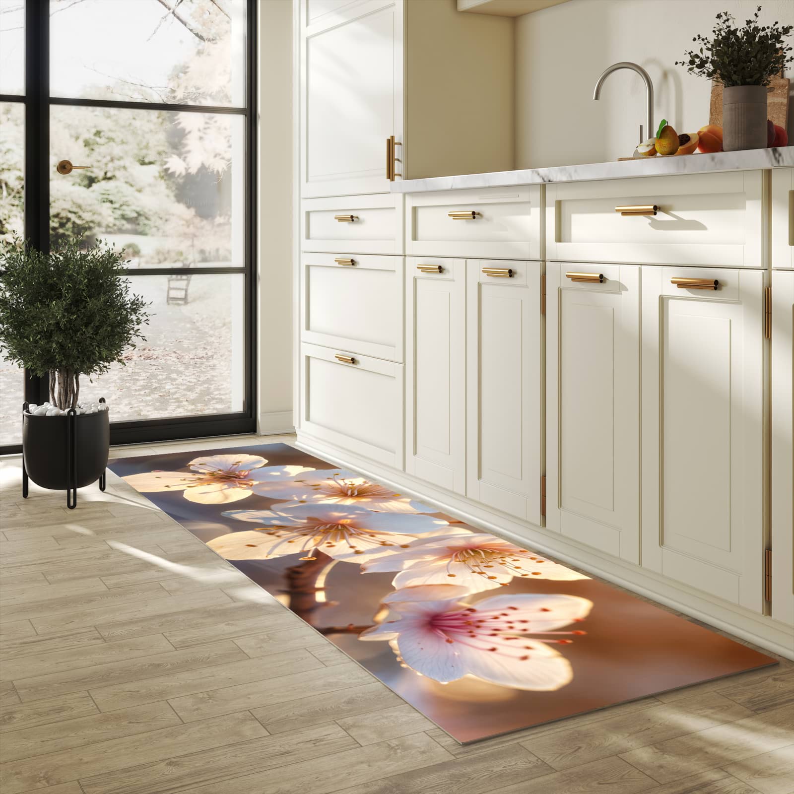 Formstabiler waschbarer Küchenteppich mit Motiv Blumen im Sonnenlicht in heller Küche