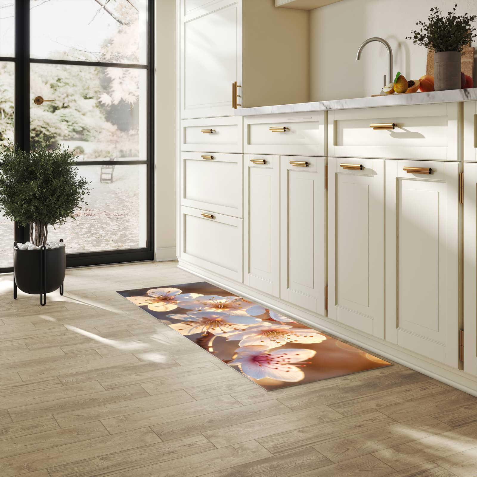 Langlebiger Küchenläufer mit Motiv Blumen im Sonnenlicht in heller Küche