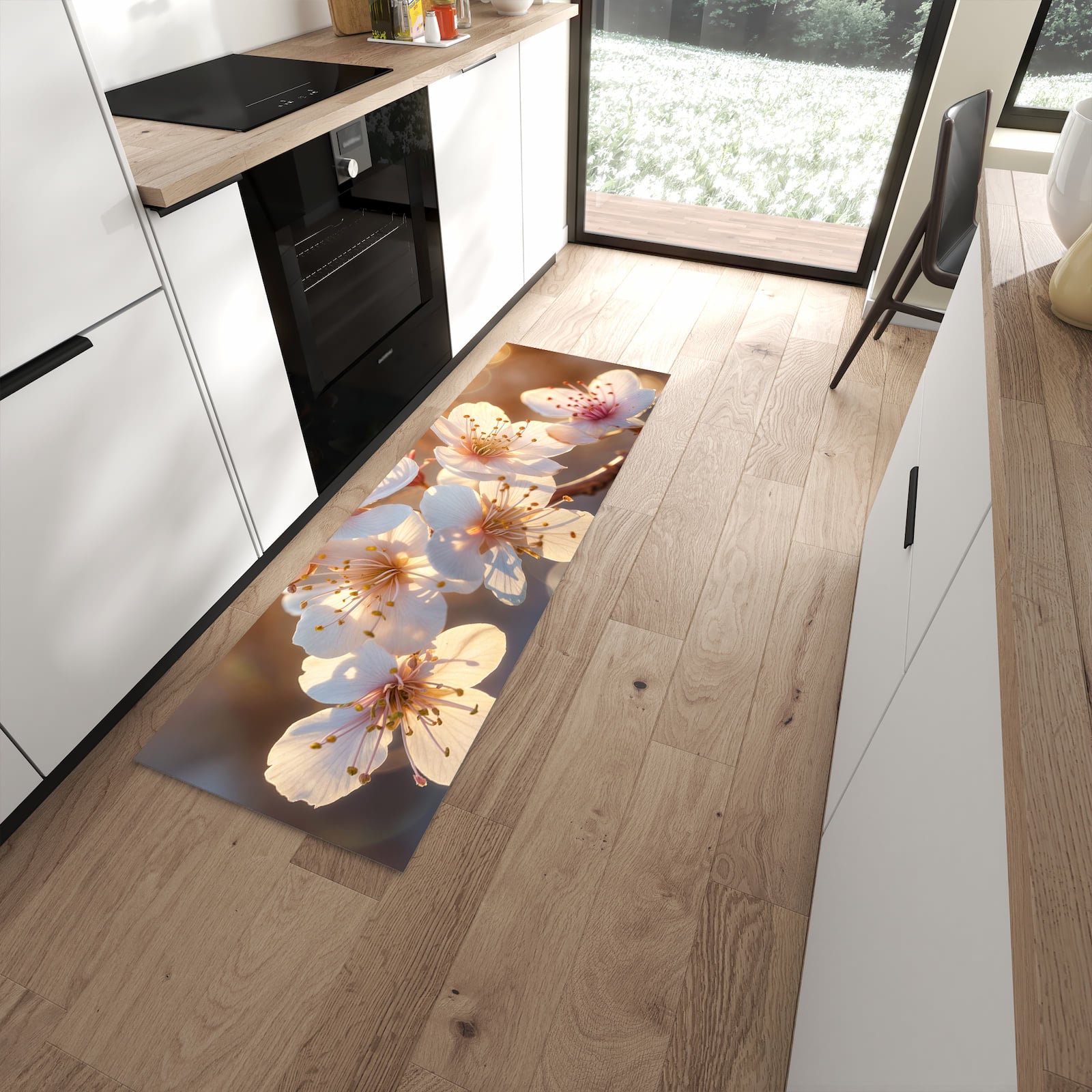 Langlebiger Küchenvorleger mit Motiv Blumen im Sonnenlicht in moderner Küche