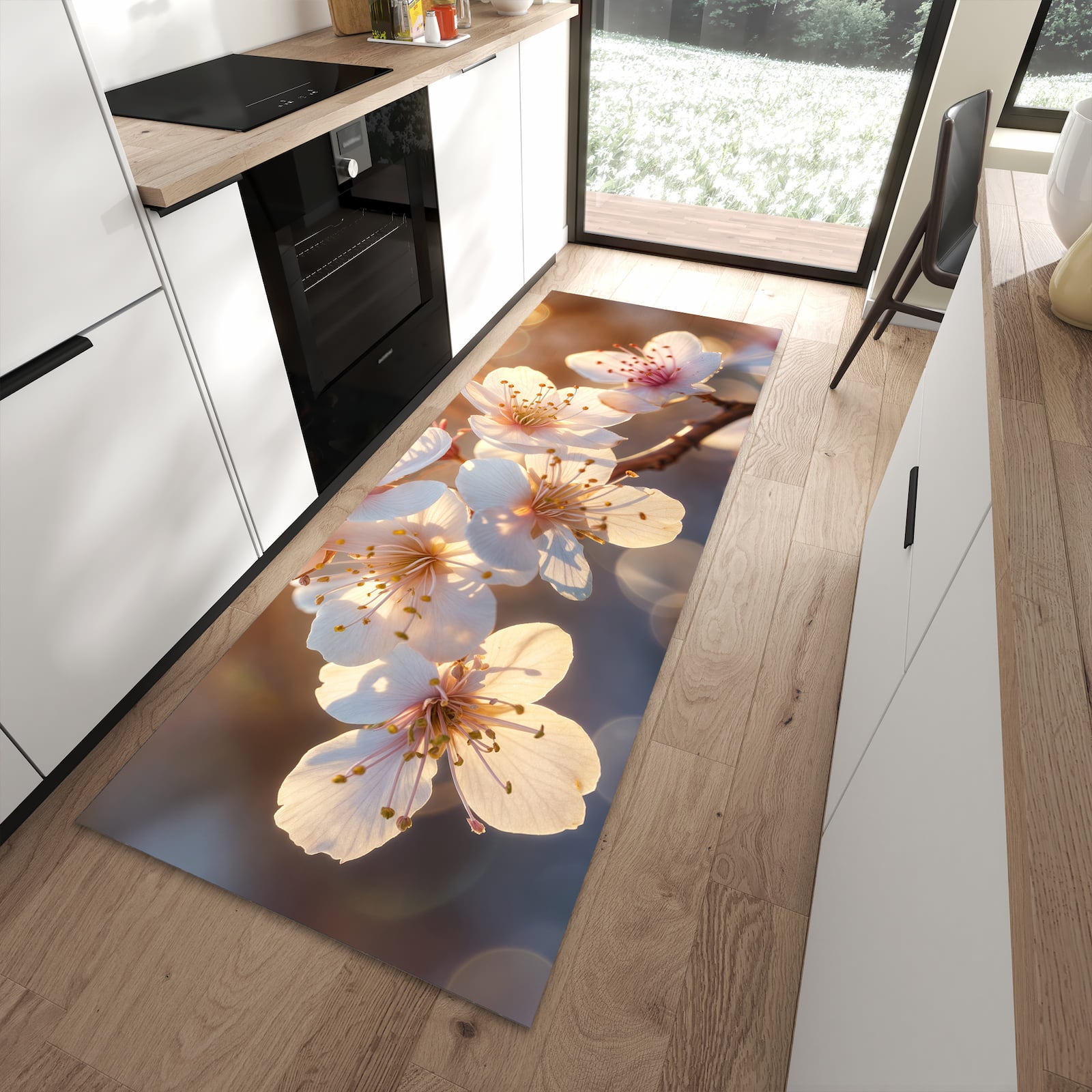 Geräuschdämpfender dünner Teppich mit Motiv Blumen im Sonnenlicht in moderner Küche