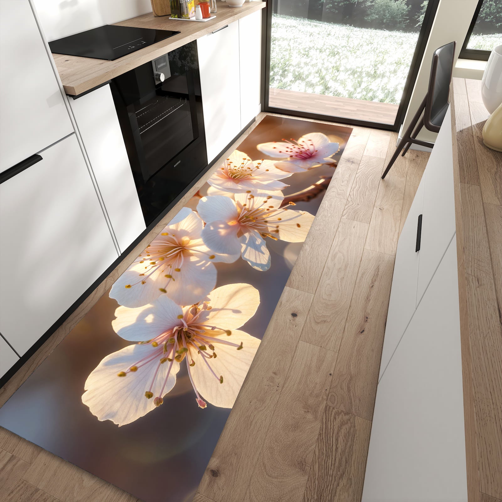 Küchenläufer mit Motiv Blumen im Sonnenlicht für sicheren Stand im Eingangsbereich