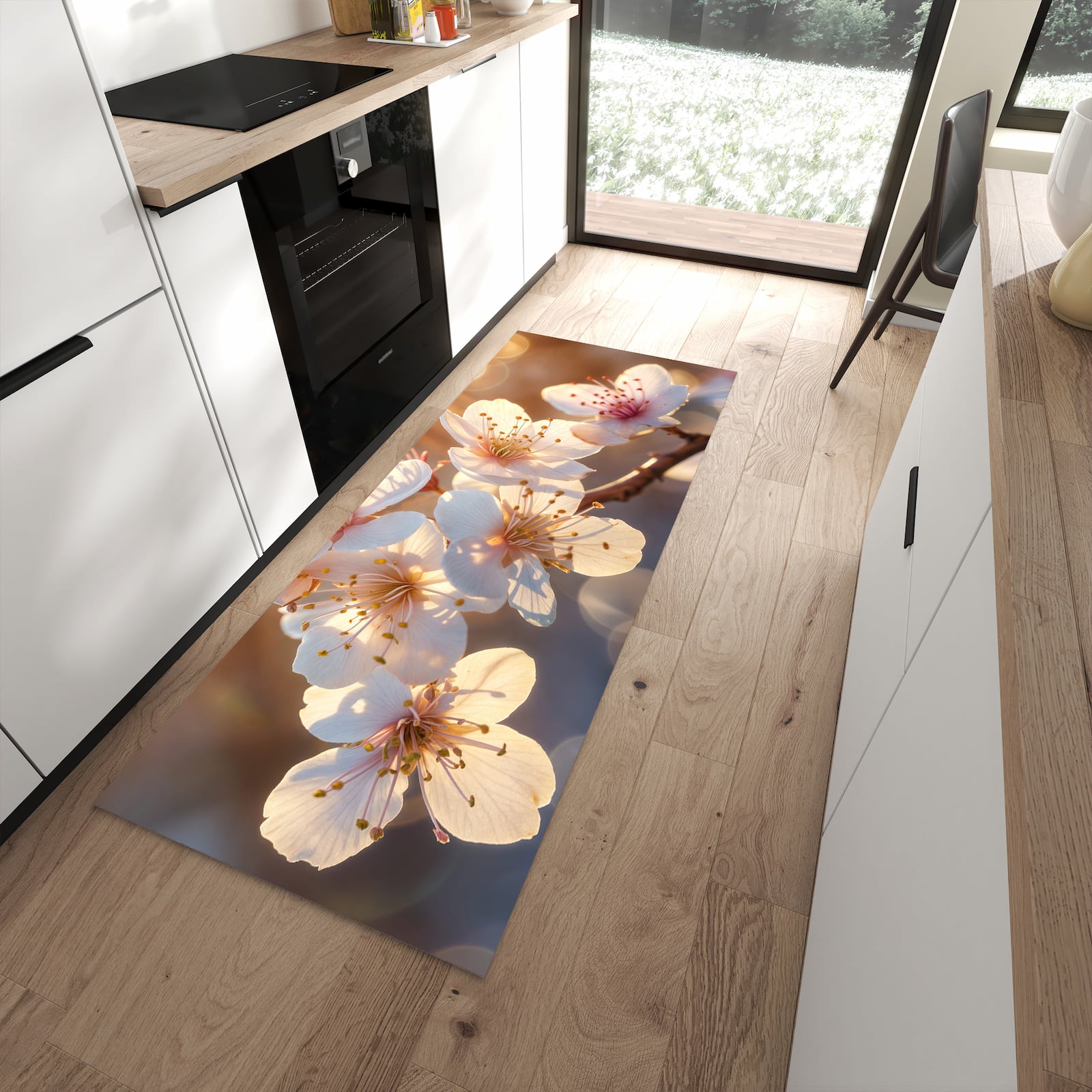 Bodenschonender waschbarer Küchenläufer mit Motiv Blumen im Sonnenlicht in moderner Küche