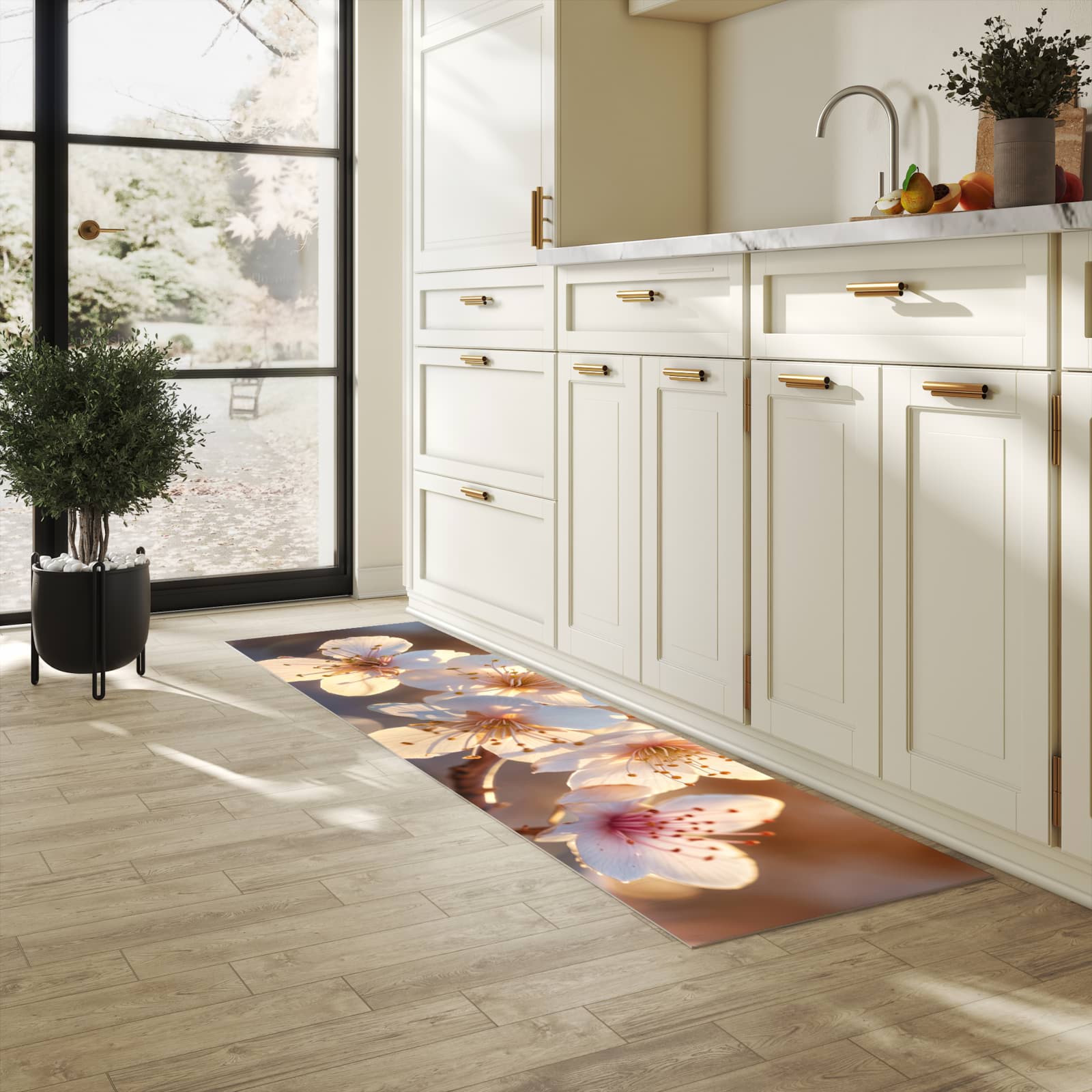 Rutschfester Küchenteppich mit Motiv Blumen im Sonnenlicht in heller Küche