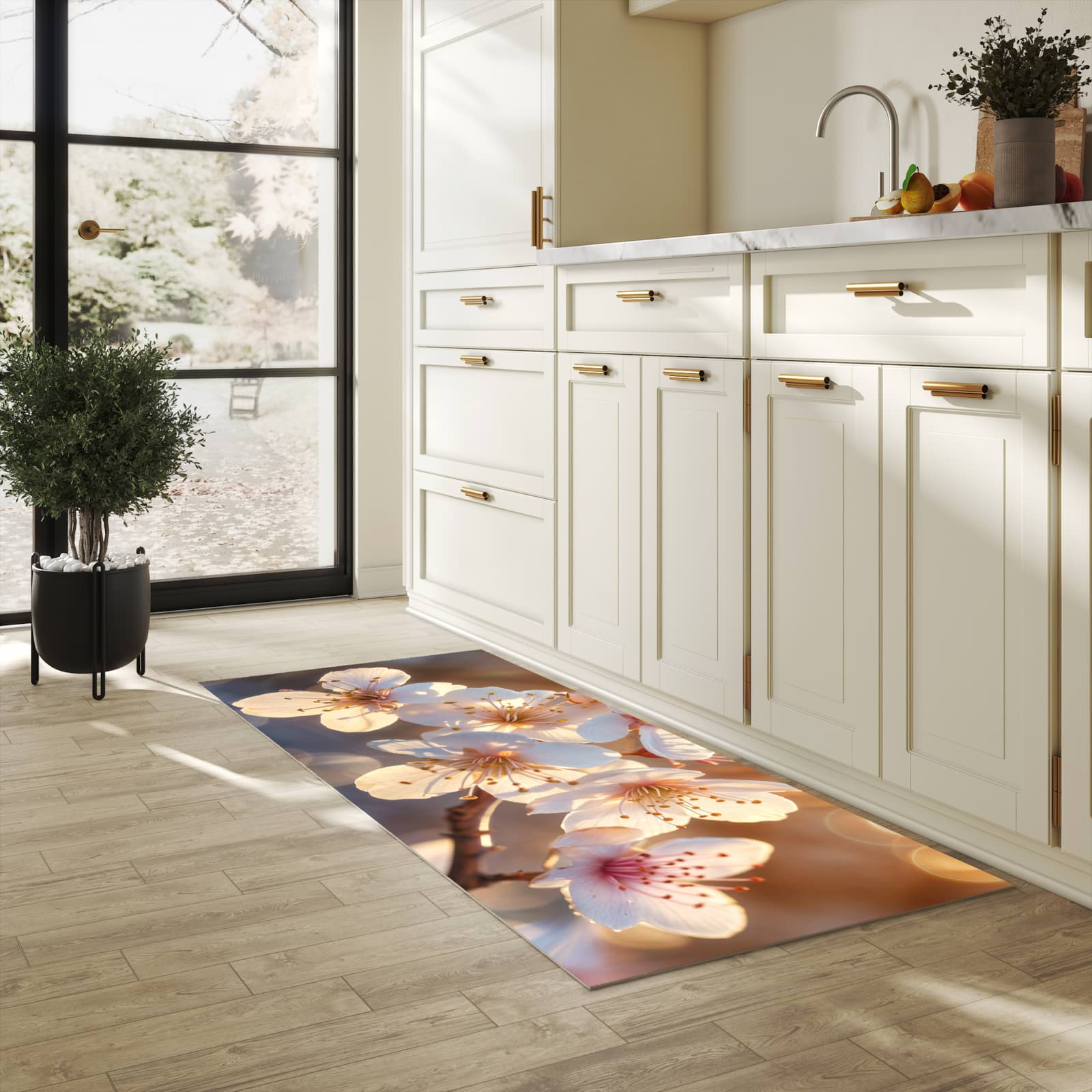 Bodenschonender großer Küchenteppich mit Motiv Blumen im Sonnenlicht in heller Küche