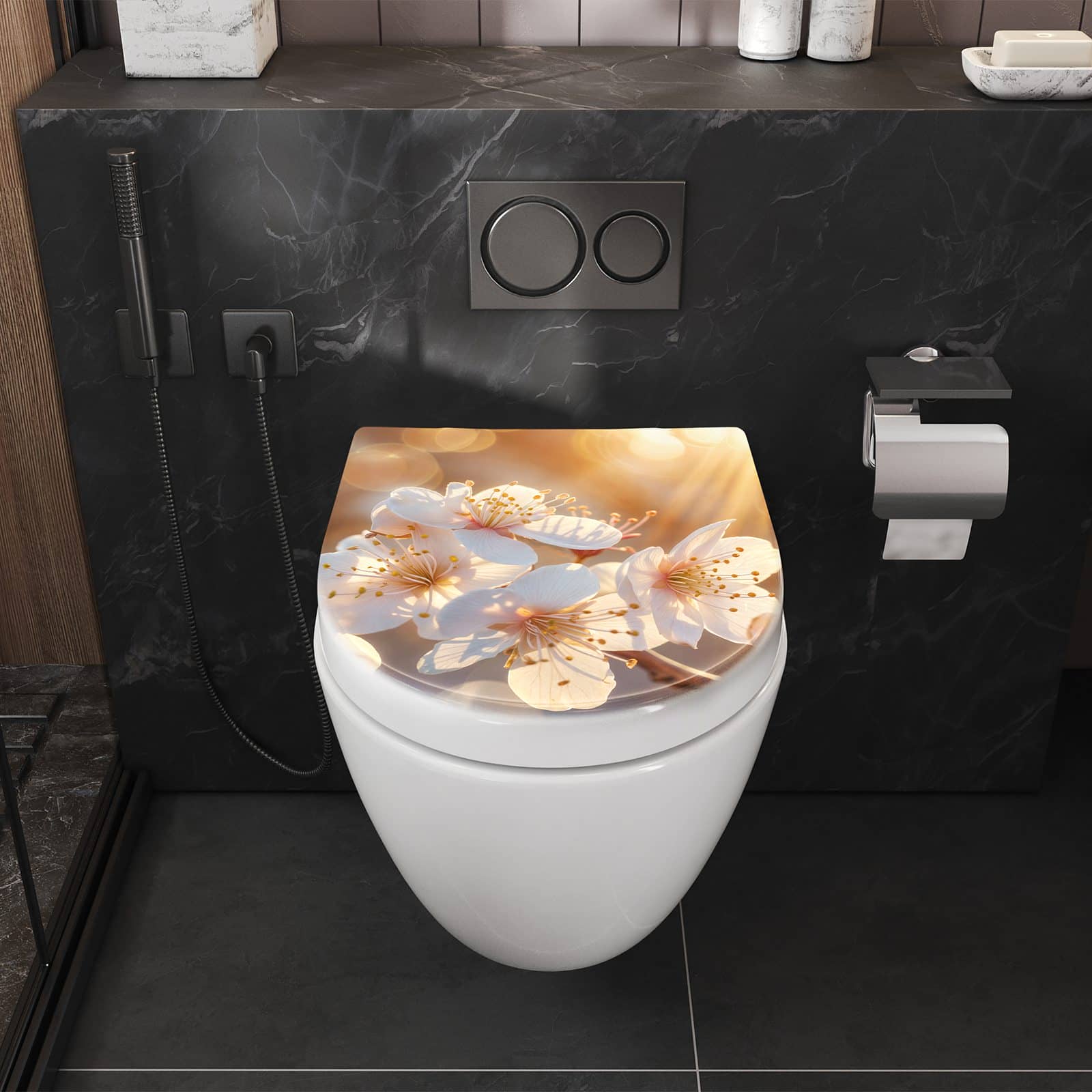 WC-Sitz mit Absenkautomatik Blumen im Sonnenlicht