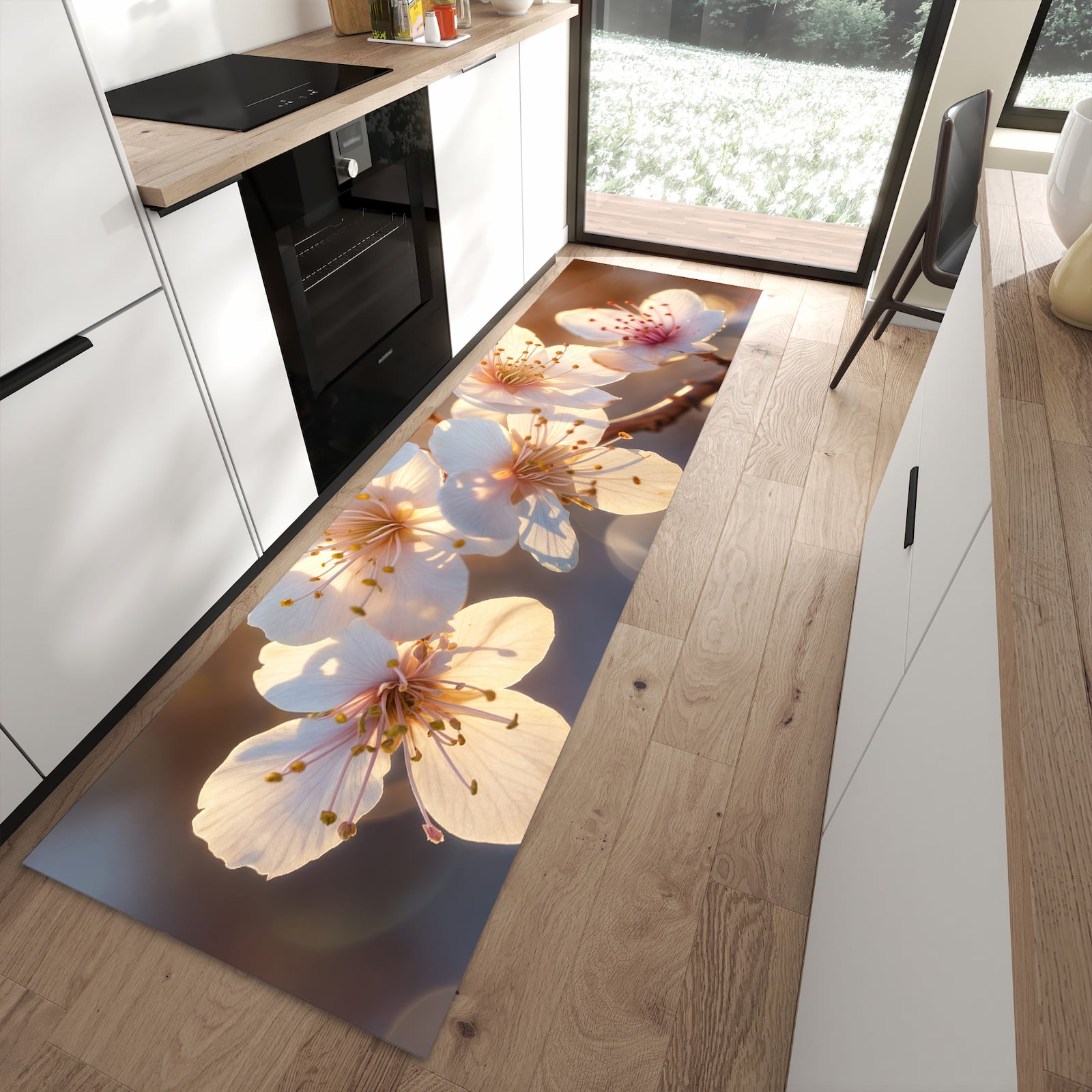 Formstabiler langer Teppich mit Motiv Blumen im Sonnenlicht in moderner Küche