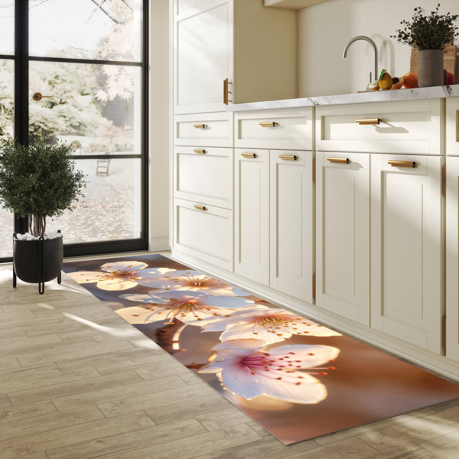 Küchenteppich mit Motiv Blumen im Sonnenlicht in heller Küche für sichere Aufbewahrung