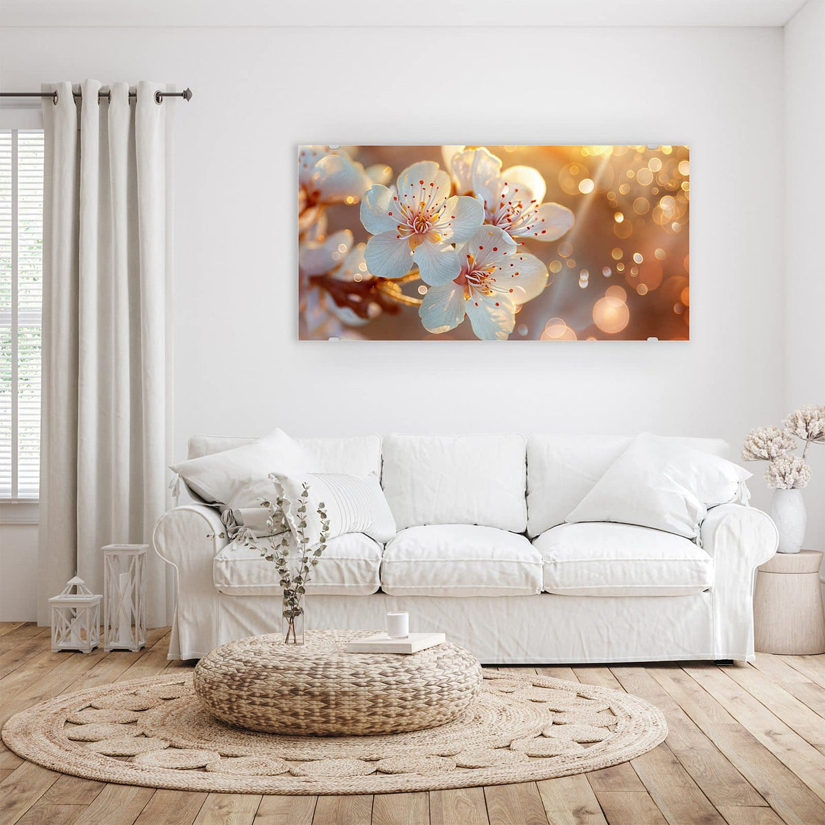 Wandbild - Blüten im Sonnenlicht - Querformat – Weiße Blüten mit roten Staubgefäßen