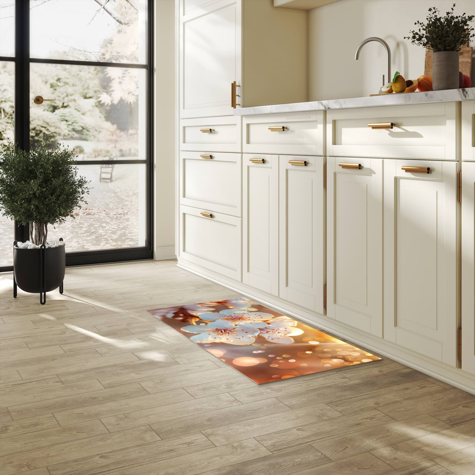 Waschbarer Küchenläufer mit Motiv Blumenstrahlen für Trittkomfort in heller Küche