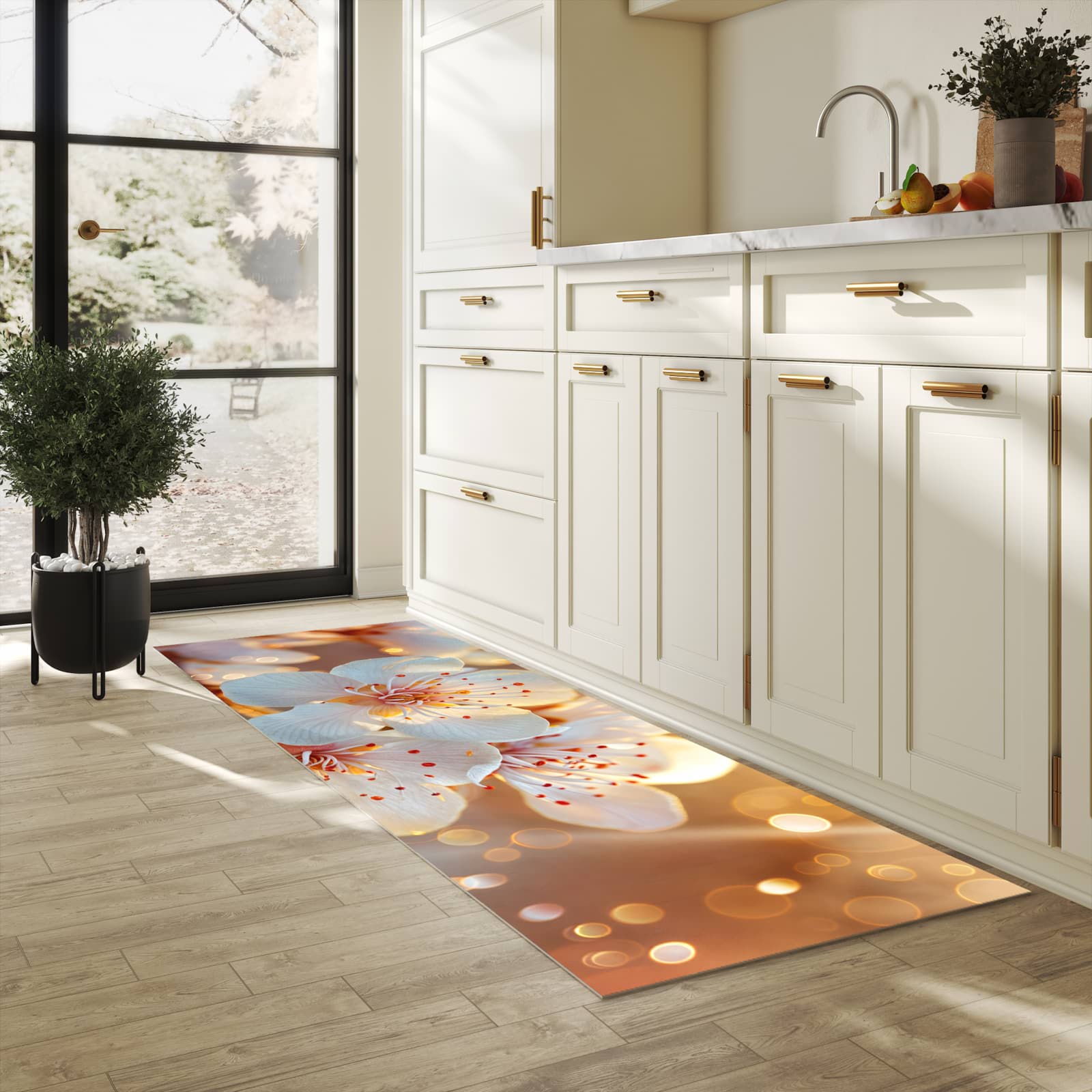 Komfortabler Teppich fürs Esszimmer mit Motiv Blumenstrahlen in heller Küche, waschbar