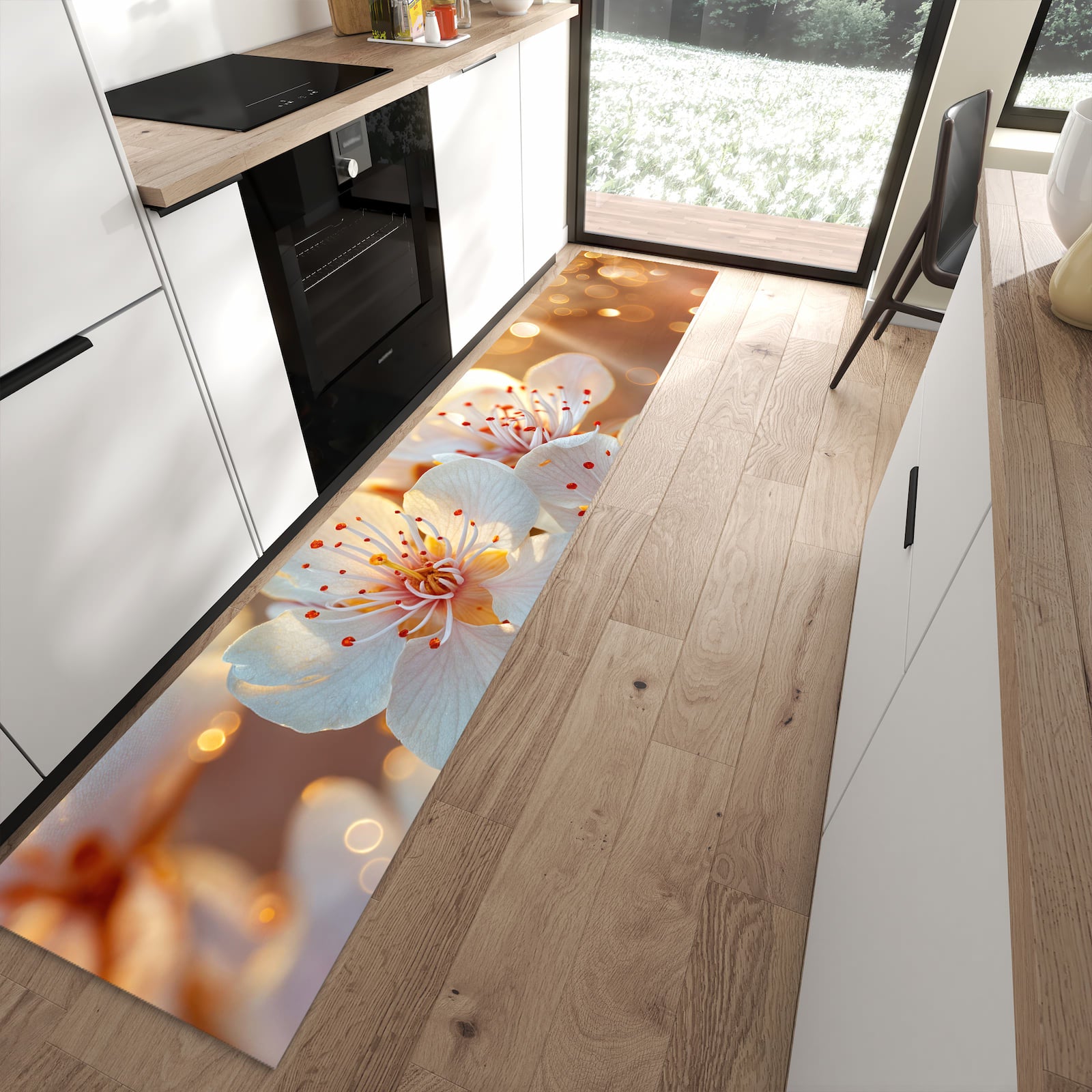 Langlebiger Küchenteppich mit Motiv Blumenstrahlen in moderner Küche