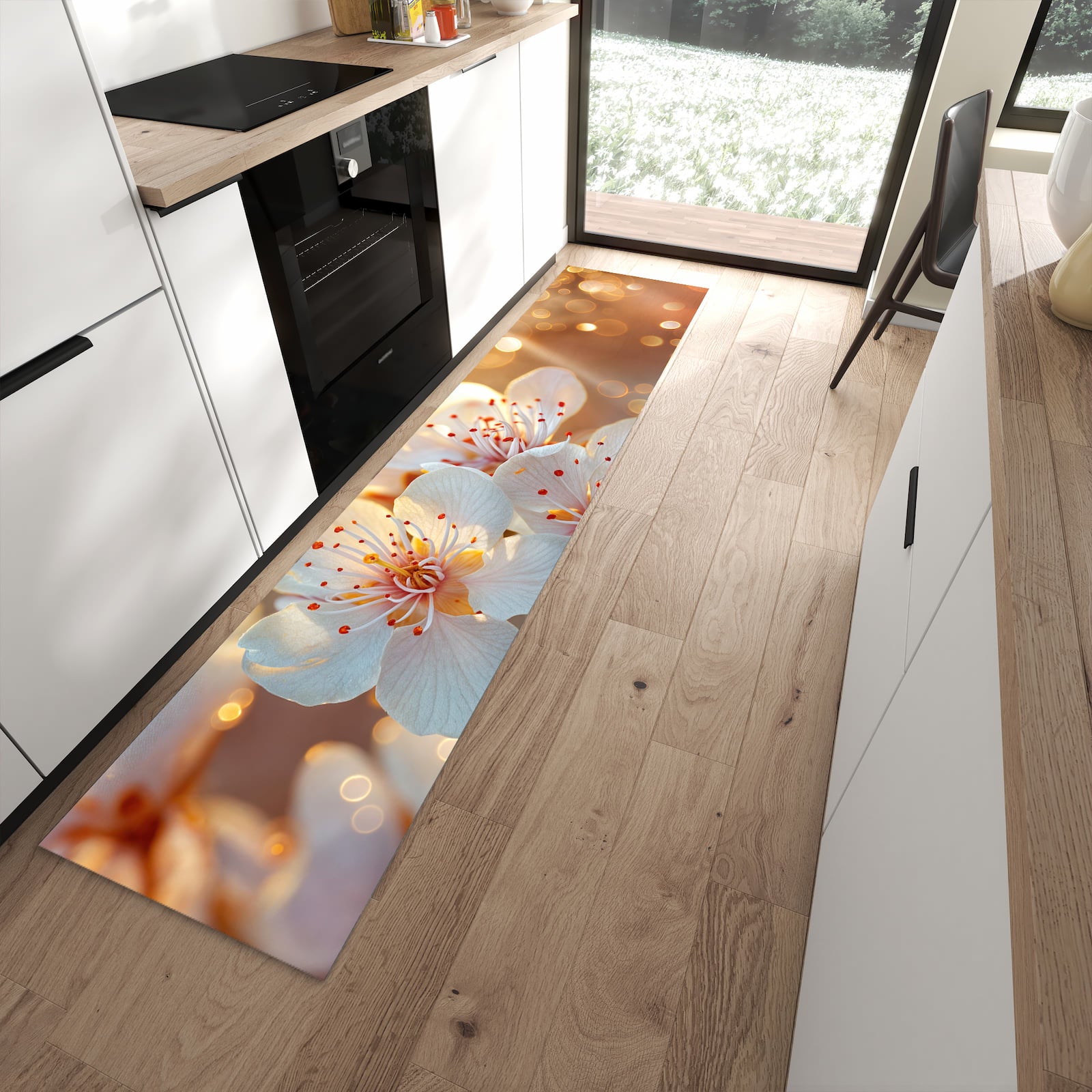 Geruchsneutraler Küchenteppich mit Motiv Blumenstrahlen in moderner Küche