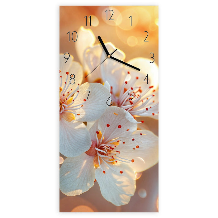 Wanduhr Blüten im Sonnenlicht aus Glas – Hochformat 30 × 60 cm mit Ziffernblatt Elegant