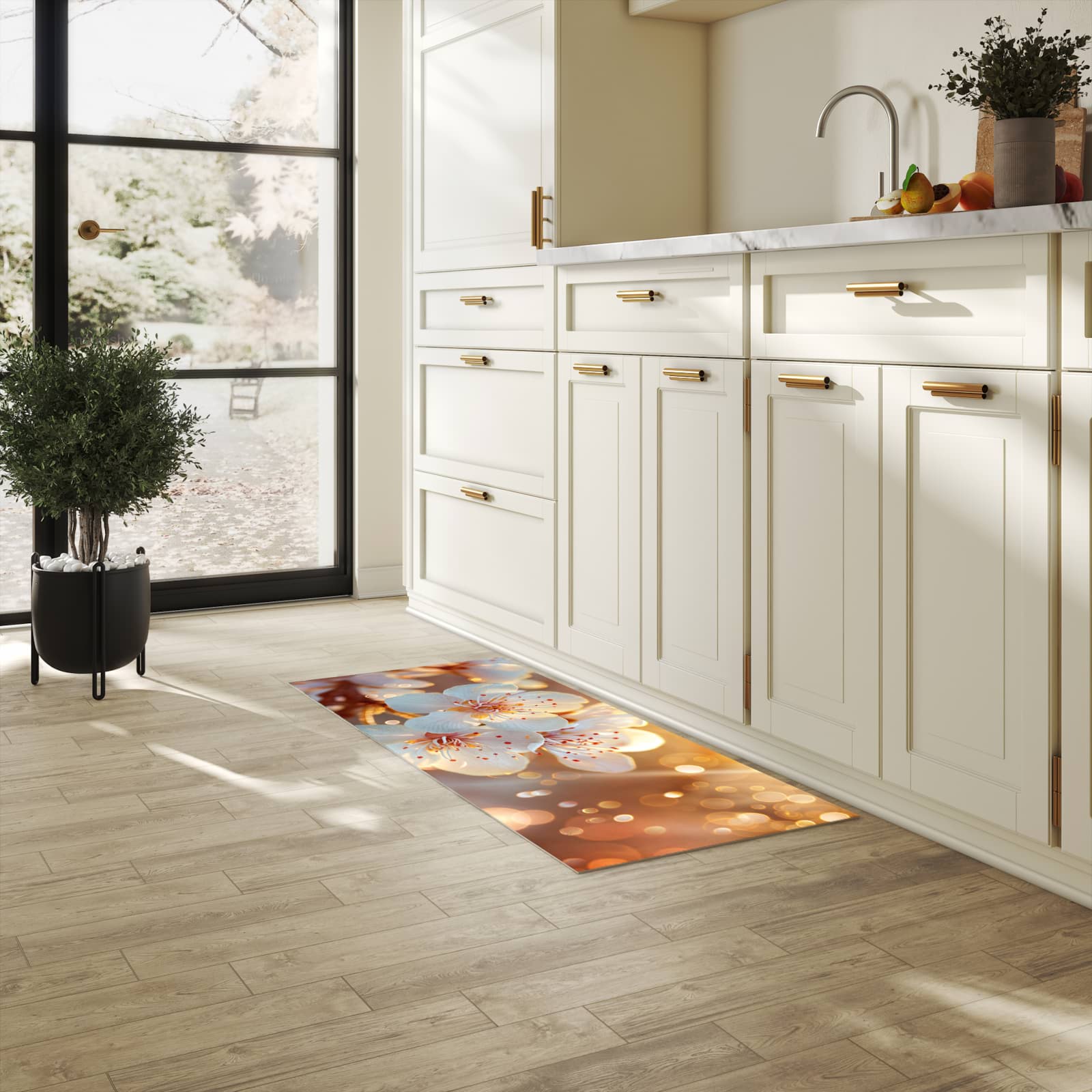Wasserabweisender Küchenläufer mit Motiv Blumenstrahlen in heller Küche