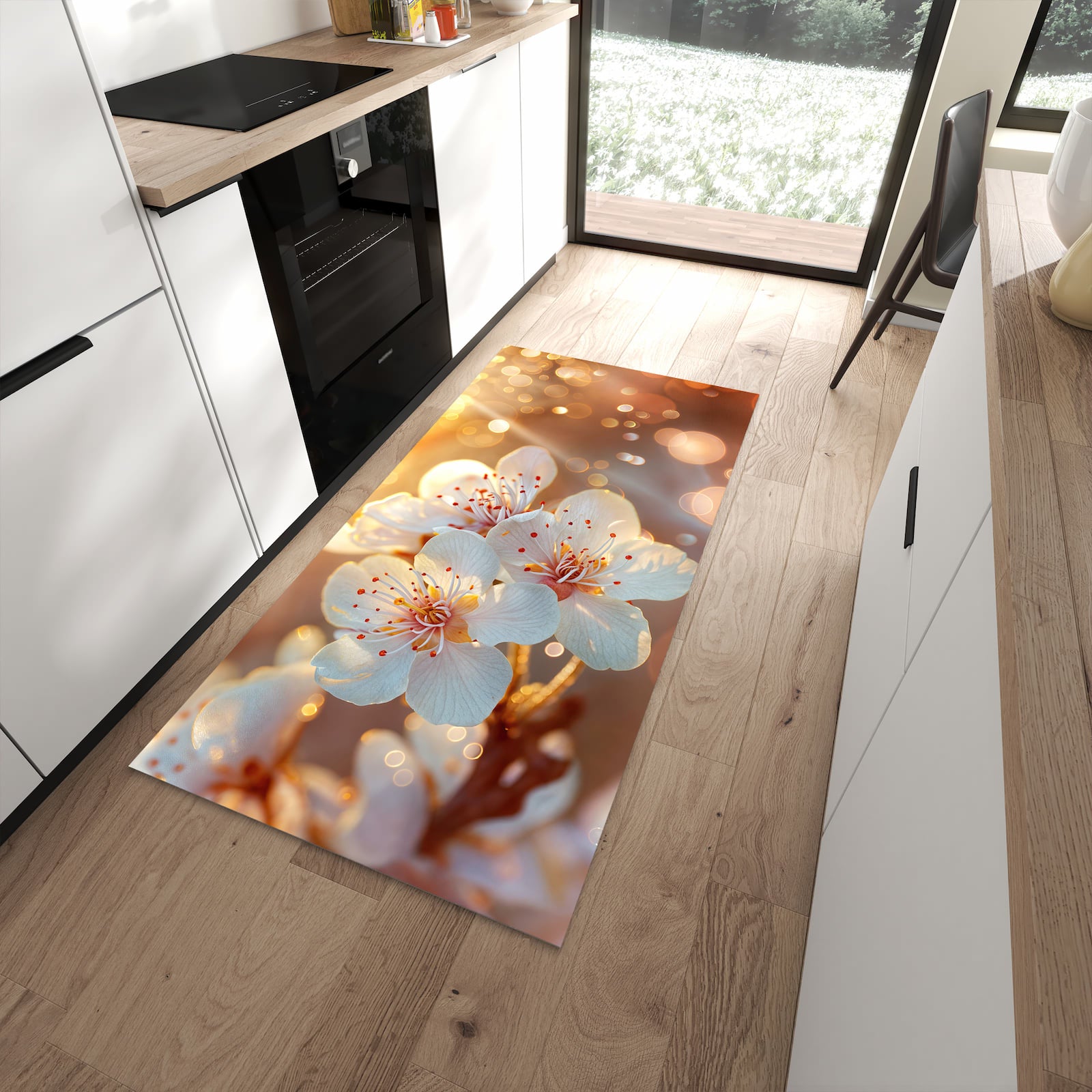 Küchenläufer mit Motiv Blumenstrahlen für angenehme Haptik in moderner Küche