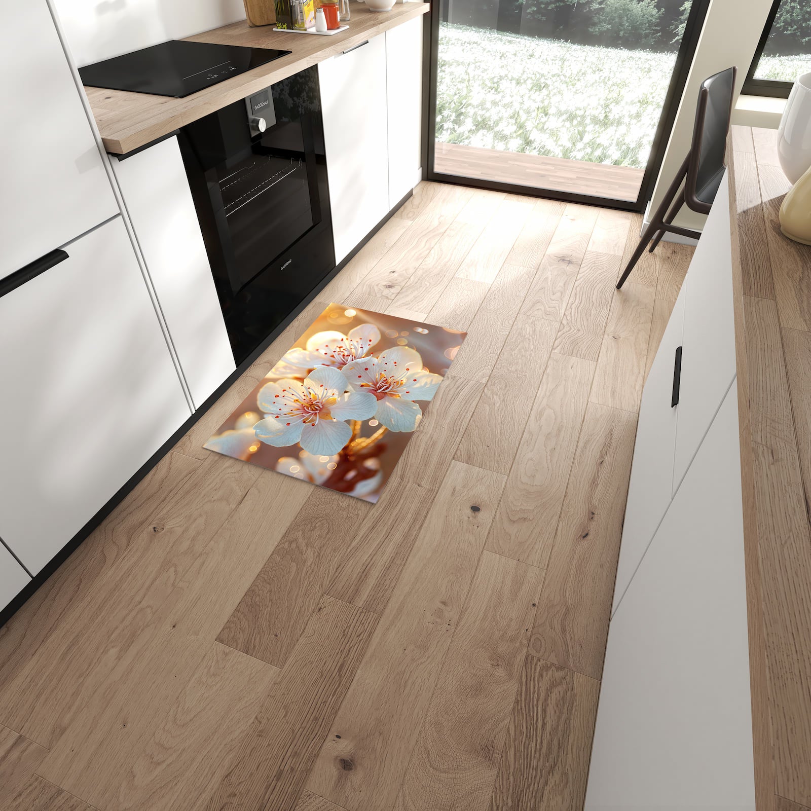 Flacher Küchenteppich mit Motiv Blumenstrahlen in moderner Küche