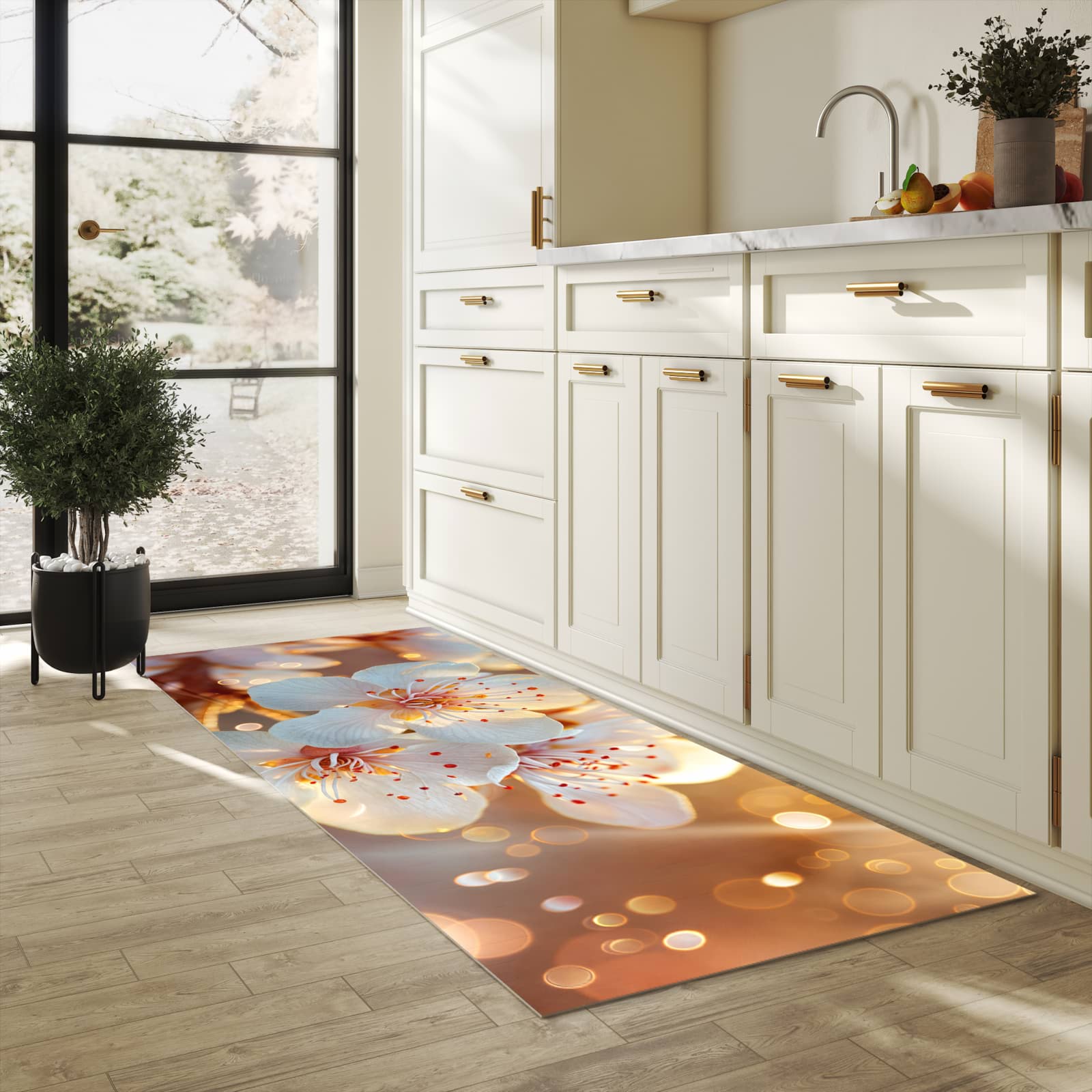 Hygienischer Bodenläufer Teppich mit Motiv Blumenstrahlen in heller Küche