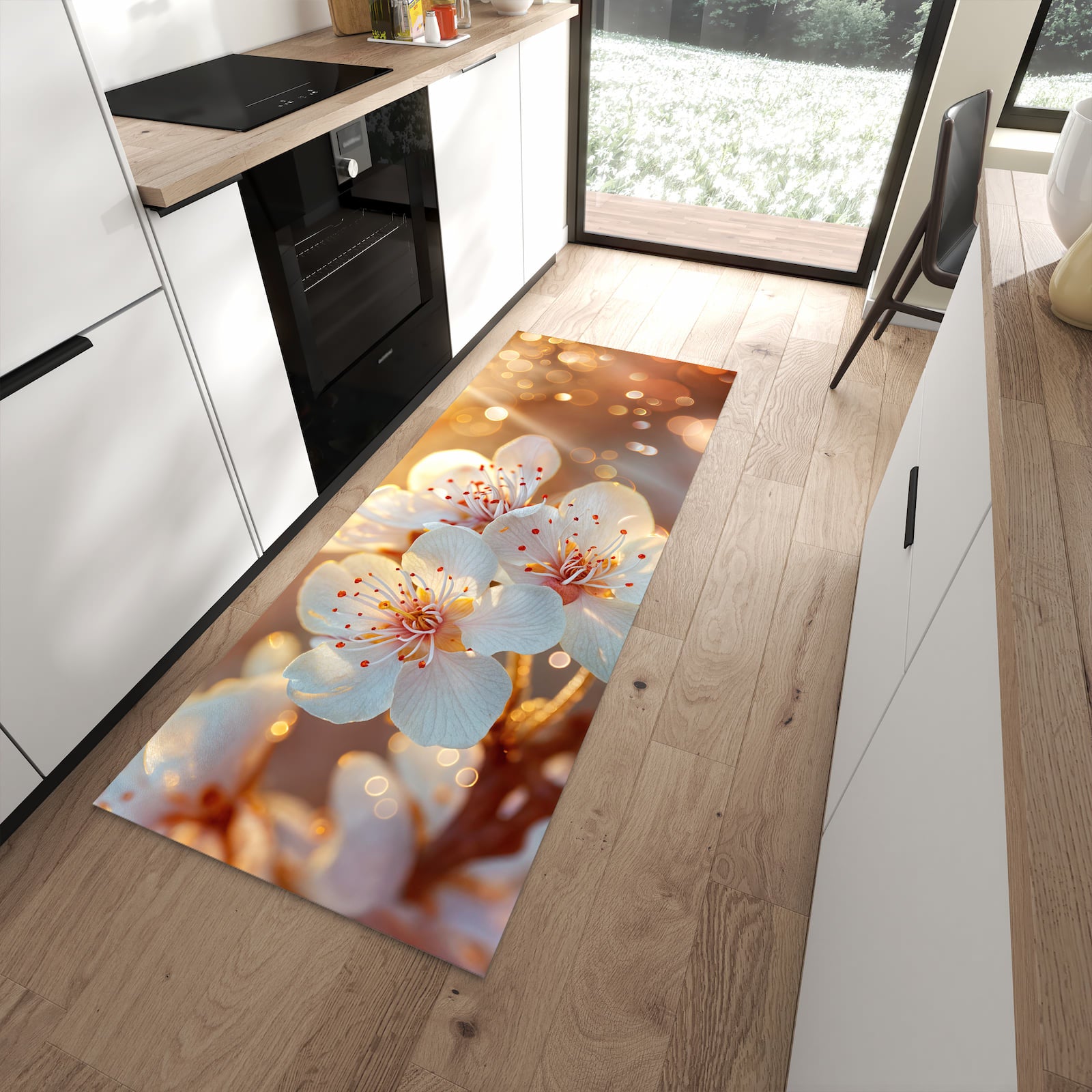 Pflegeleichter Teppich für die Küche mit Motiv Blumenstrahlen in moderner Küche